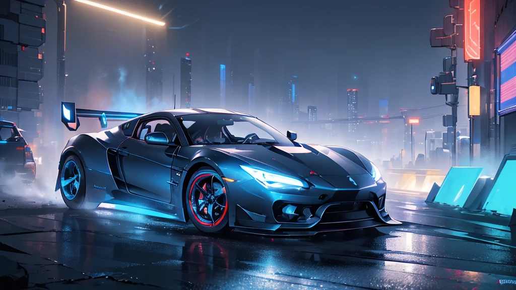 (black sports car, blue headlights, car racing), (cyberpunk, blue neon, blue smoke), (8k, extremaly detailed, lighting like a movie, lense flares)