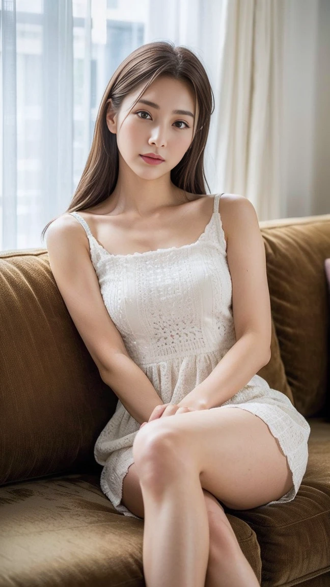 Dark brown hair、Light brown eyes、Japanese actress、 Lady、I am about 20 years old...、(Intricate details:1.2)、(Which is higher???:1.4)、 (Ultra-high resolution:1.2)、Ultra-high resolution、(fine adjustment)、(Detailed facial features)、Hmph、8k resolution、D cup size breasts、Long Hair、Large windows、Extravagant space、relax、、,Full body photo、Head to toe shot、Beautiful feet、Camisole dress、Beautiful feet、A refreshing, sunny bedroom、On the bed、she, household items, (plant:0.8), Fashion Hub, Extremely detailed, Very detailed, Realistic, Hourglass Shaped Body, Obscene pose,、、私 cry a lot、tears、person on the left、White wall、White floor、diagonally from below、Relaxed expression、Pose of Weakness、(auraroid photo:1.2)、From outside the window、Transparent painting、8k、32K、Highest quality、(Details of both eyes)、1 girl、elegant、(Loose dress :1.4)、sunset、sit、(Low - Angle、I looked up and saw this:1.2)、Hilarious、Leaning against a wall、Looking into the camera、