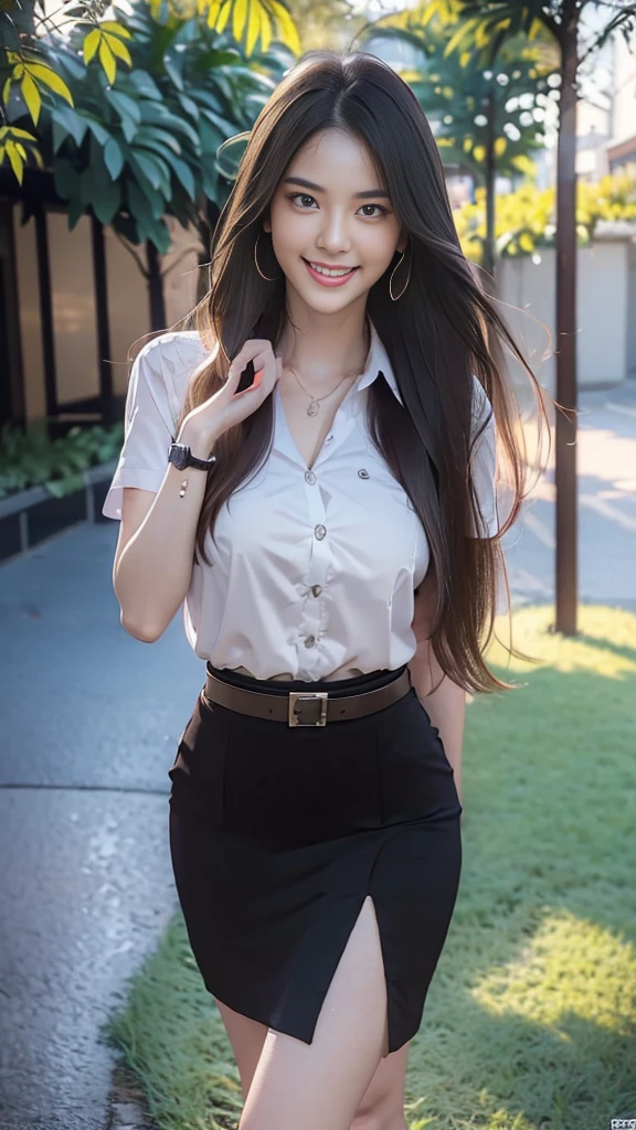 highest resolution, 8K, high definition, (((My hair is very long., My hair is very long., My hair is very long., Extra long, Knee-length hair))), Thai Students, Half Thai, half Japanese, half Korean., Height 173 centimeters, (((stand, walk))), Beautiful face, แต่งBeautiful face, Double eyelids, red lips, smile at the corner of the mouth, beautiful eyes, Beautiful Woman, The texture is realistic., Slim white short-sleeved shirt, collar shirt, Matte black short pencil skirt, Very short, Side incision, กระโปรงสีดำด้านพร้อมbeltผู้หญิง, tight, Huge breasts, Breast augmentation, เต้าBig tits, Big tits, Plump milk, Fluffy milk, Huge breasts, Symmetrical shape, sexy figure, Thin, slim, small waist, Long legs, Beautiful thighs, Pitch black high heels, earring, Put on a watch, belt, (((full body, Look at every part of the body.))), university backdrop, building, building, lawn, outdoor sports field