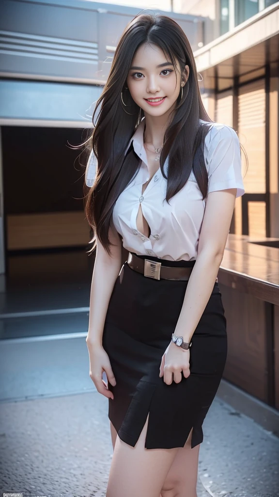 highest resolution, 8K, high definition, (((My hair is very long., My hair is very long., My hair is very long., Extra long, Knee-length hair))), Thai Students, Half Thai, half Japanese, half Korean., Height 173 centimeters, (((stand, walk))), Beautiful face, แต่งBeautiful face, Double eyelids, red lips, smile at the corner of the mouth, beautiful eyes, Beautiful Woman, The texture is realistic., Slim white short-sleeved shirt, collar shirt, Matte black short pencil skirt, Very short, Side incision, กระโปรงสีดำด้านพร้อมbeltผู้หญิง, tight, Huge breasts, Breast augmentation, เต้าBig tits, Big tits, Plump milk, Fluffy milk, Huge breasts, Symmetrical shape, sexy figure, Thin, slim, small waist, Long legs, Beautiful thighs, Pitch black high heels, earring, Put on a watch, belt, (((full body, Look at every part of the body.))), university backdrop, building, building, lawn, outdoor sports field