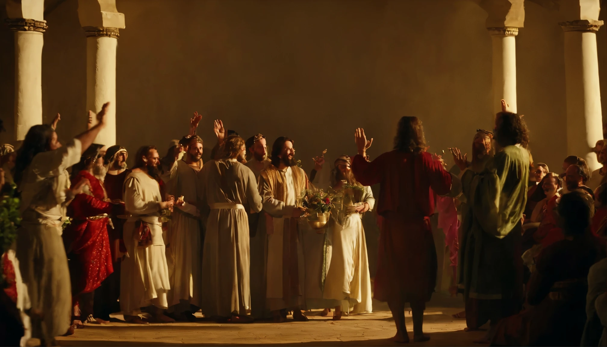 Jesus and His Disciples at the Wedding of Cana in Galilee in a dance circle celebrating the wedding, Jesus is smiling at this party. Some people are playing drums, mandolin and other ancient instruments