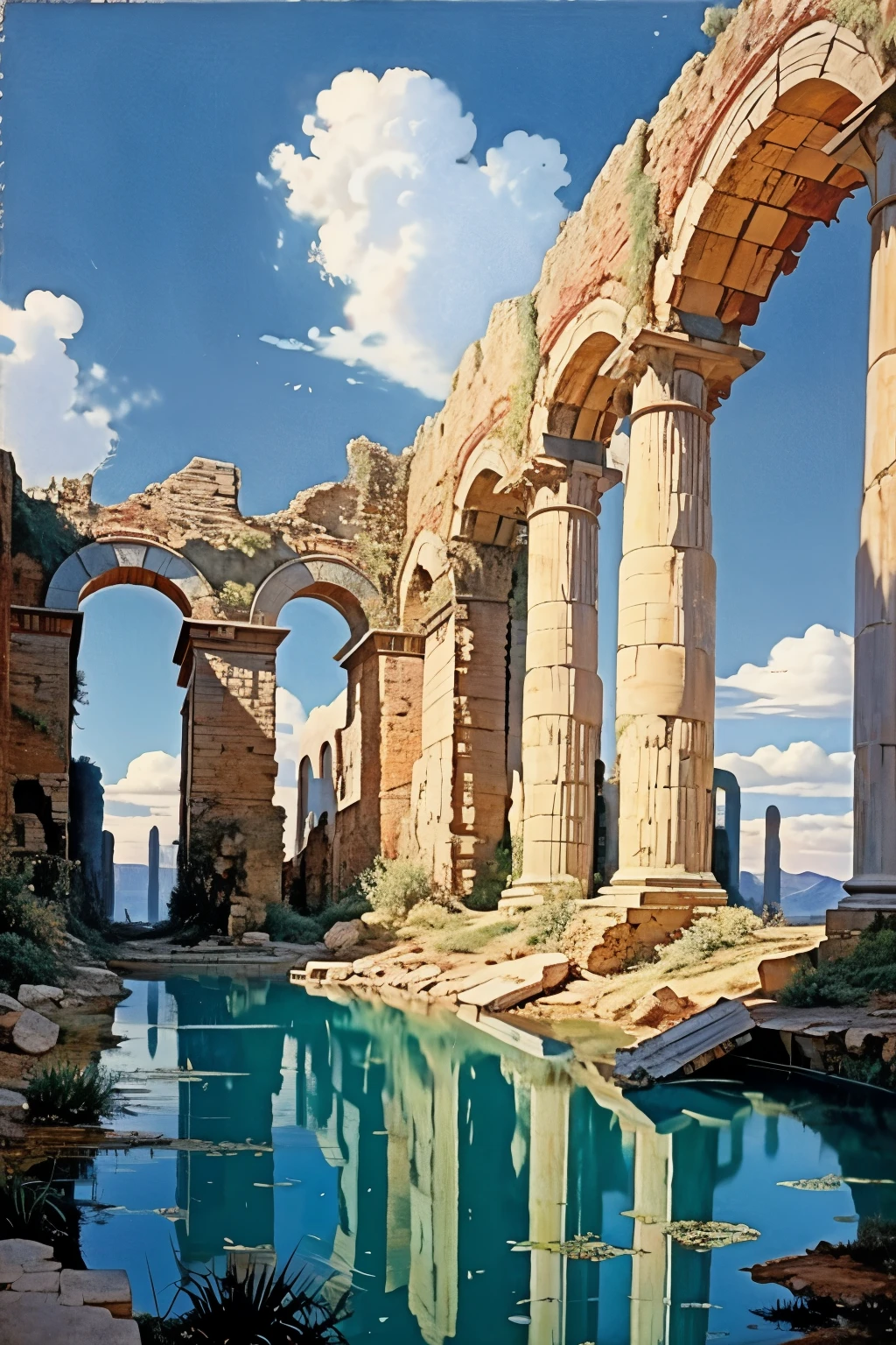 gb,scenery,sky,day,outdoors,water,ruins,reflection,blue sky,cloud,pillar,desert,