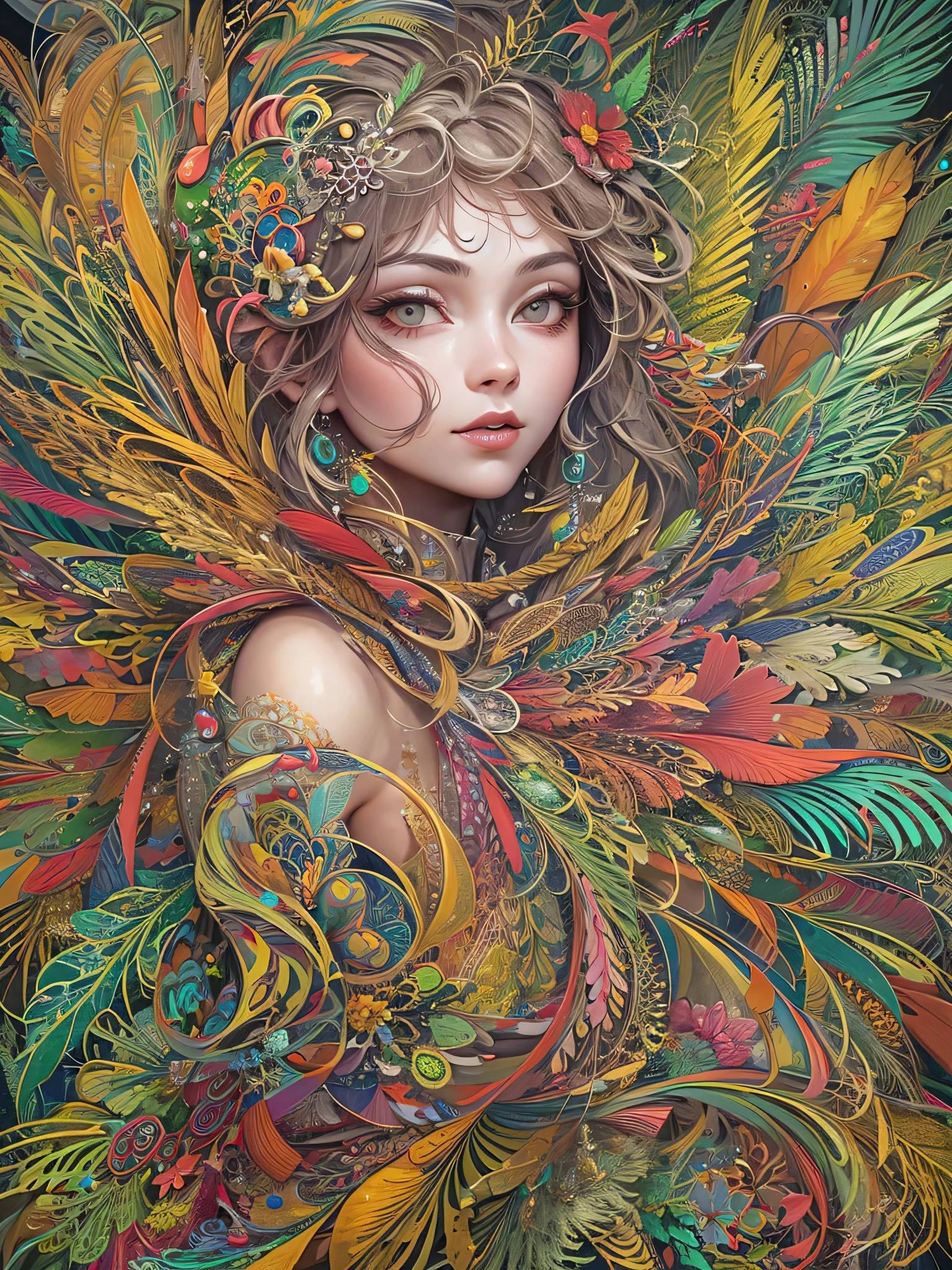 fractal art, Zentangle,1 girl, feather, flowers, dynamic poses, rich and colorful, abstract background, masterpiece, official art, most detailed