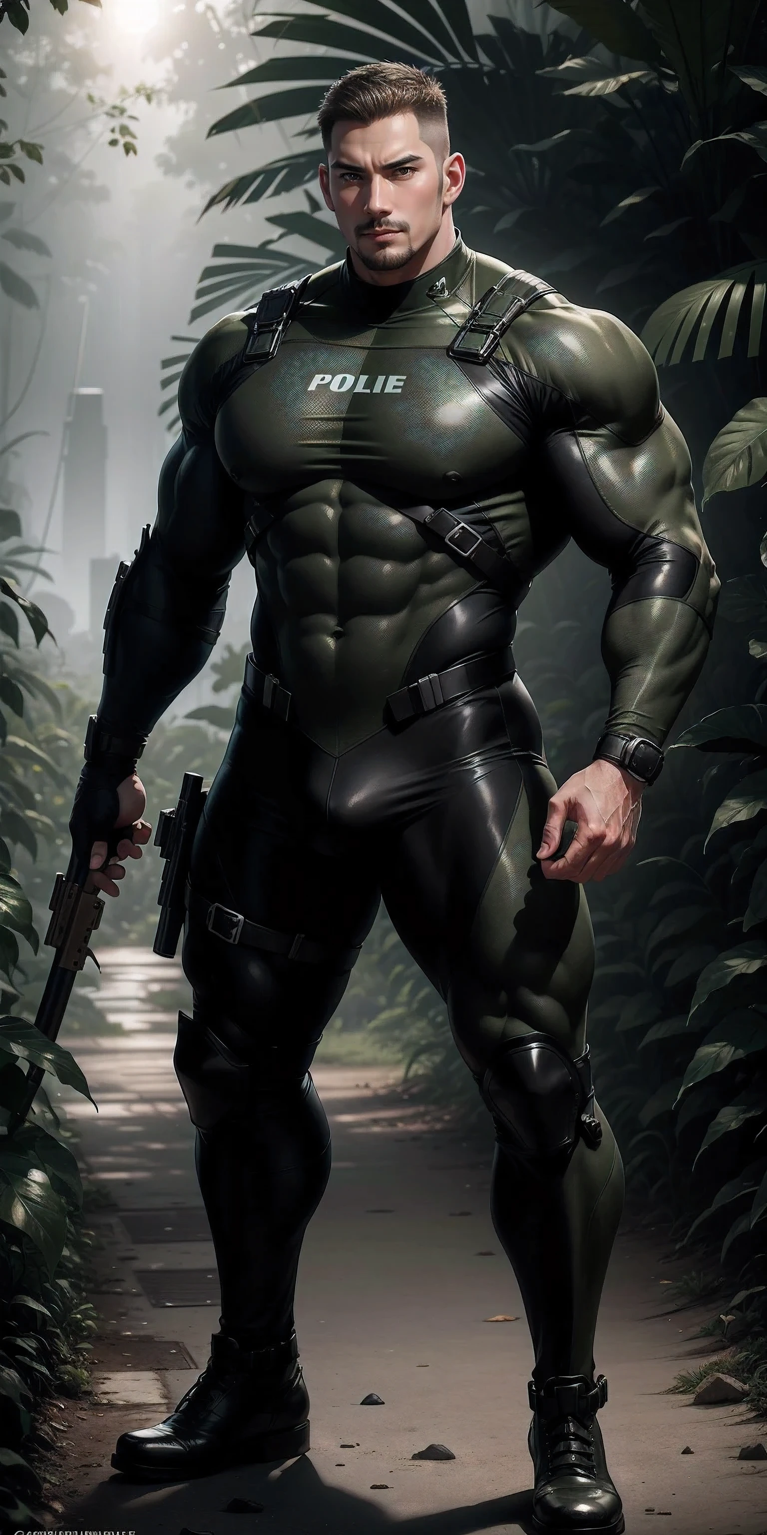 High, huge, muscular police officer with his mouth open and screaming..,Khaki camouflage uniform,character idea(Resident Evil - chris redfield,chris redfield)Senior military officer,Wearing a khaki camouflage wetsuit,Matte texture,regular symmetrical texture pattern,Standing in the dark sugar cane jungle, The body is wrapped in thick rattan,sad expression,Deep and charming eyes,Emerald Pupil Hero,heroic male pose,高大burly,muscular!Charming leg muscles,High, burly, Heqiang, Wearing a khaki camouflage wetsuit, Super gain and cool, high resolution committee, Big feet in black boots,Charming strong man,The bright sunshine is shining on you,matte particles,shiny texture