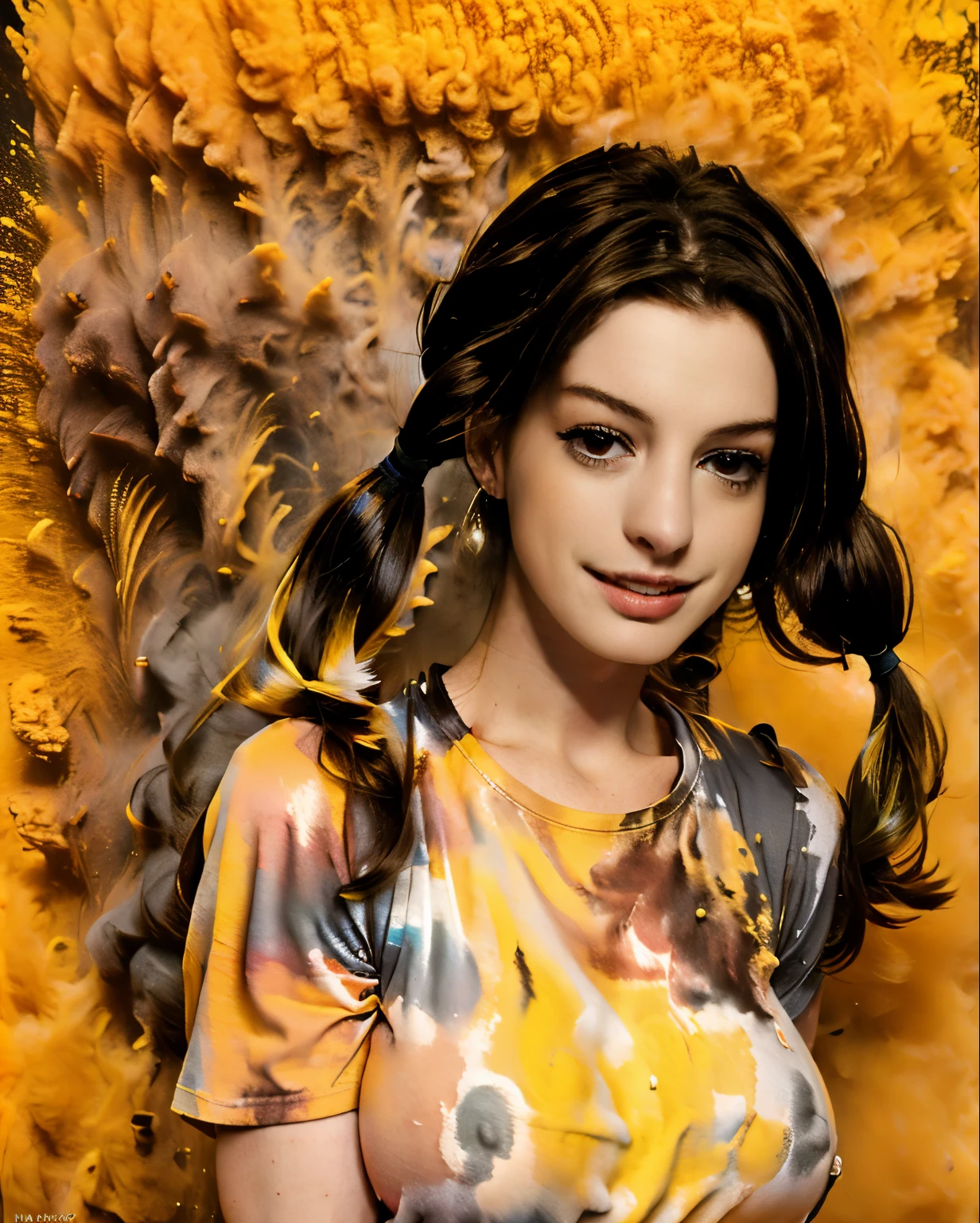 ((Anne Hathaway, camiseta molhada, bigfaketits, mamilos excitados)),master part,best quality,intrincado,aesthetic,Rosto detalhado,Subsurface scattering,Olhando para o Viewer,
1girl,foto de uma  bonito,corpo inteiro,Sorriso leve,encantador,20 anos,cabelo twintails.crew cut,Steel Gray Hair,colorido,splatter de tinta,Tecelagem,pano,
BigFaketits,