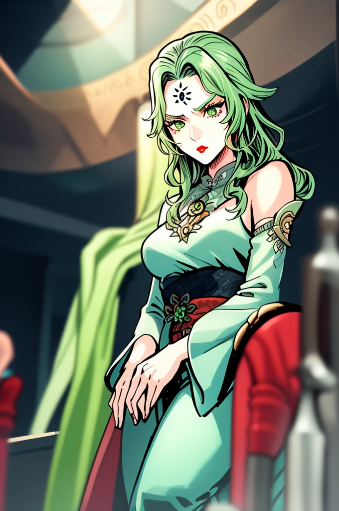 Genshin,1 girl,green hair,alone,cosmetic,lipstick,facial markings,long hair,green eyes,red lips,forehead mark,perfect hands,sitting,(Arms drooping:1.5),From view,looking at the audience,Upper body,