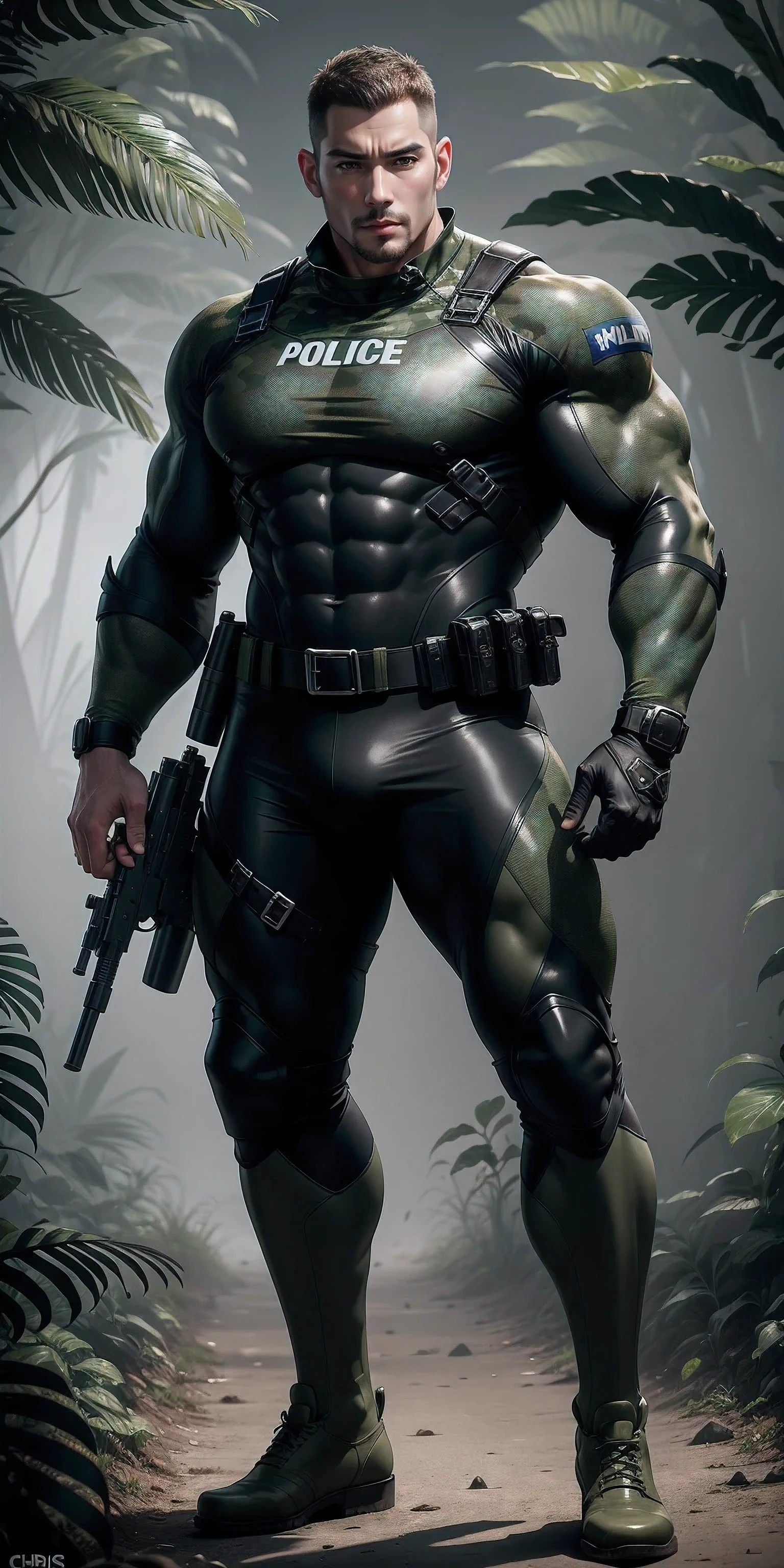 High, huge, muscular police officer with his mouth open and screaming..，Khaki camouflage uniform，character idea（Resident Evil - chris redfield，chris redfield）senior police officer，Wearing a khaki camouflage wetsuit，Matte texture，regular symmetrical texture pattern，Standing in the dark sugar cane jungle, The body is wrapped in thick rattan，sad expression，Deep and charming eyes，Emerald Pupil Hero，heroic male pose，高大burly，muscular！Charming leg muscles，High, burly, Heqiang， Wearing a khaki camouflage wetsuit， Super gain and cool， high resolution committee， Big feet in black boots，Charming strong man，The bright sunshine is shining on you，matte particles，shiny texture