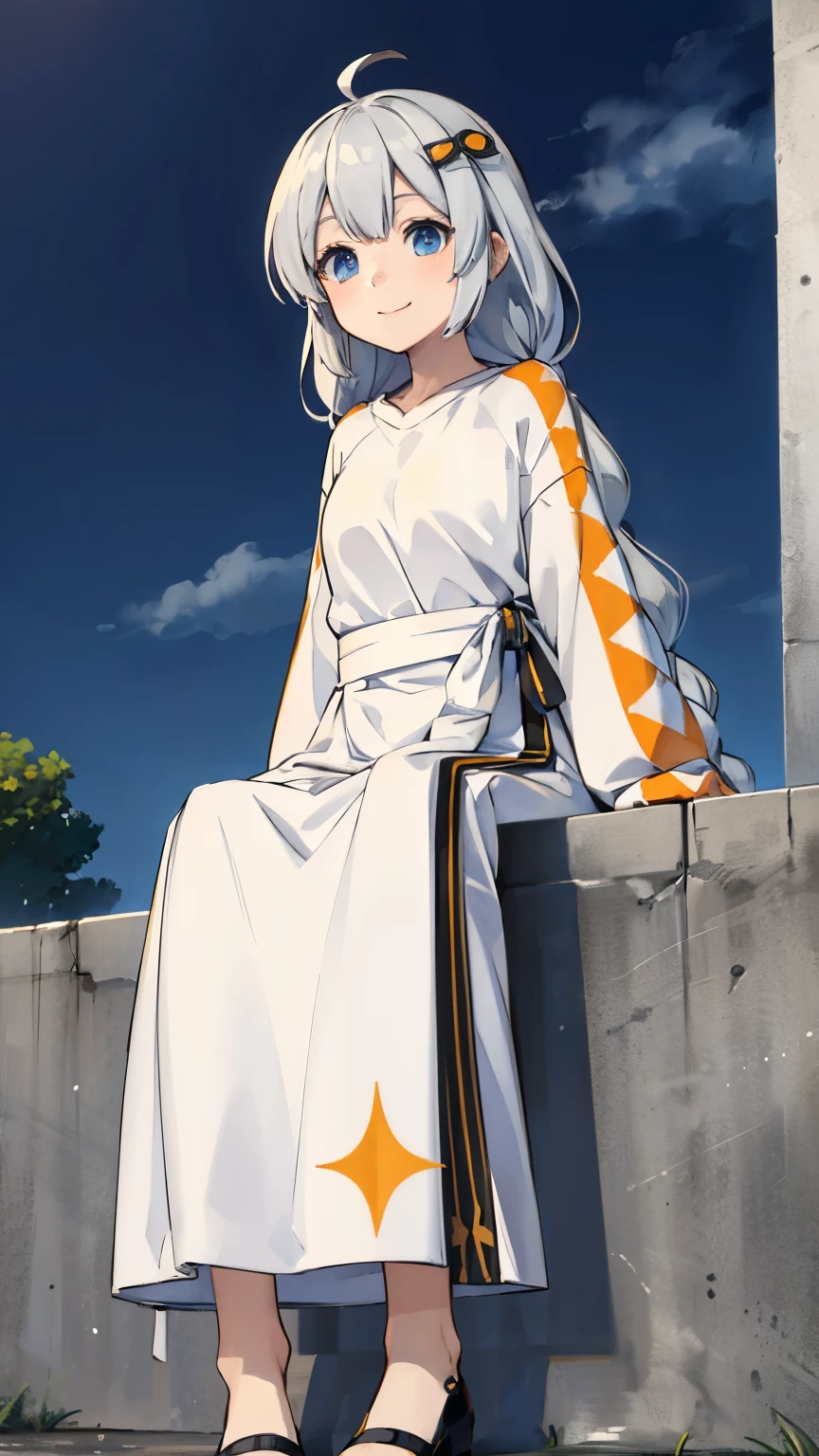 masterpiece,best quality,highres,ultra-detailed,bbakari,blue eyes,long hair,ahoge,twin braids,white shirt,long sleeves,long skirt,smile,hoodie, overskirt, black footwear,sitting