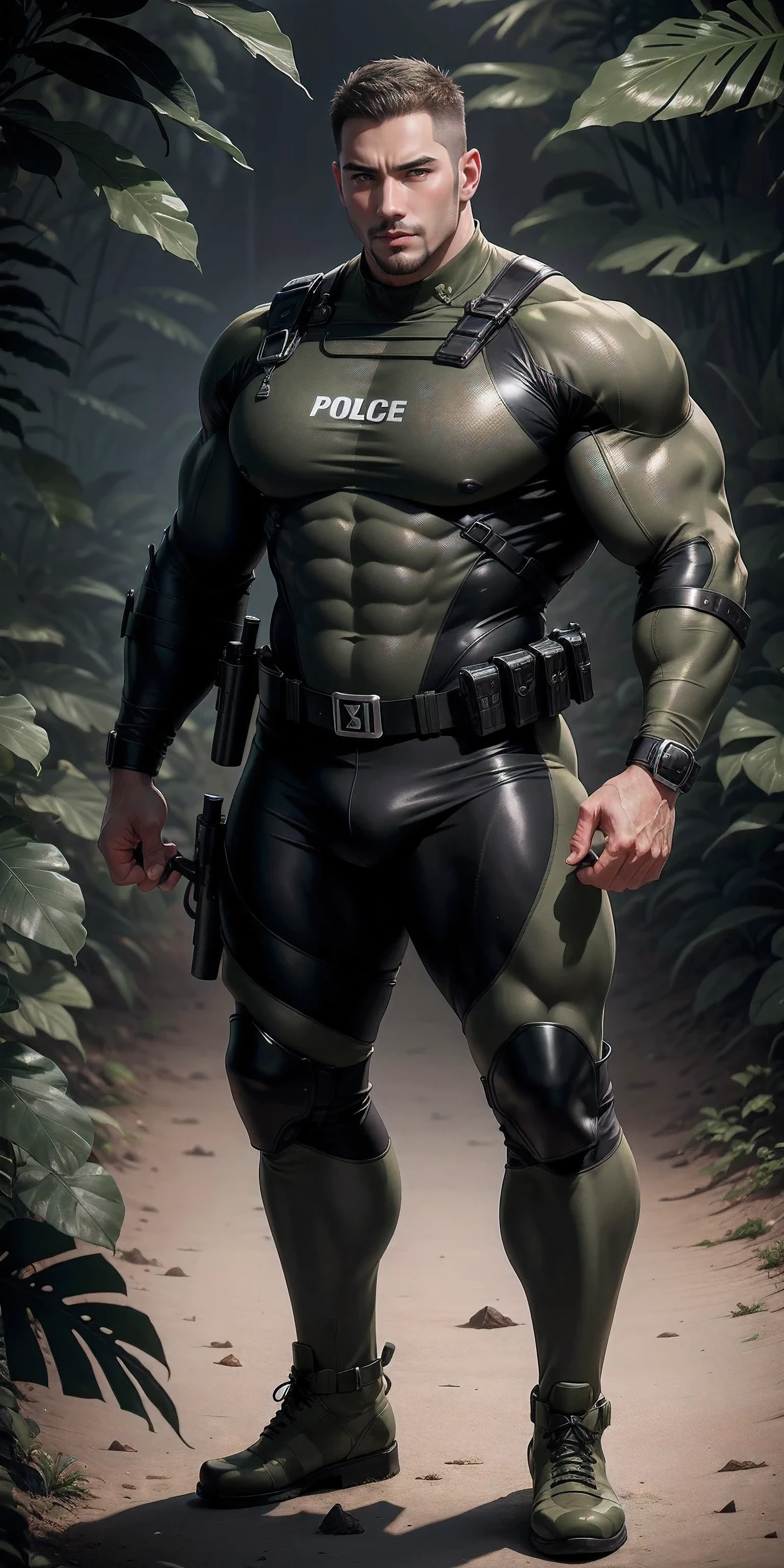 High, huge, muscular police officer with his mouth open and screaming..，Khaki camouflage uniform，character idea（Resident Evil - chris redfield，chris redfield）senior police officer，Wearing a khaki camouflage wetsuit，Matte texture，regular symmetrical texture pattern，Standing in the dark sugar cane jungle, The body is wrapped in thick rattan，sad expression，Deep and charming eyes，Emerald Pupil Hero，heroic male pose，高大burly，muscular！Charming leg muscles，High, burly, Heqiang， Wearing a khaki camouflage wetsuit， Super gain and cool， high resolution committee， Big feet in black boots，Charming strong man，The bright sunshine is shining on you，matte particles，shiny texture