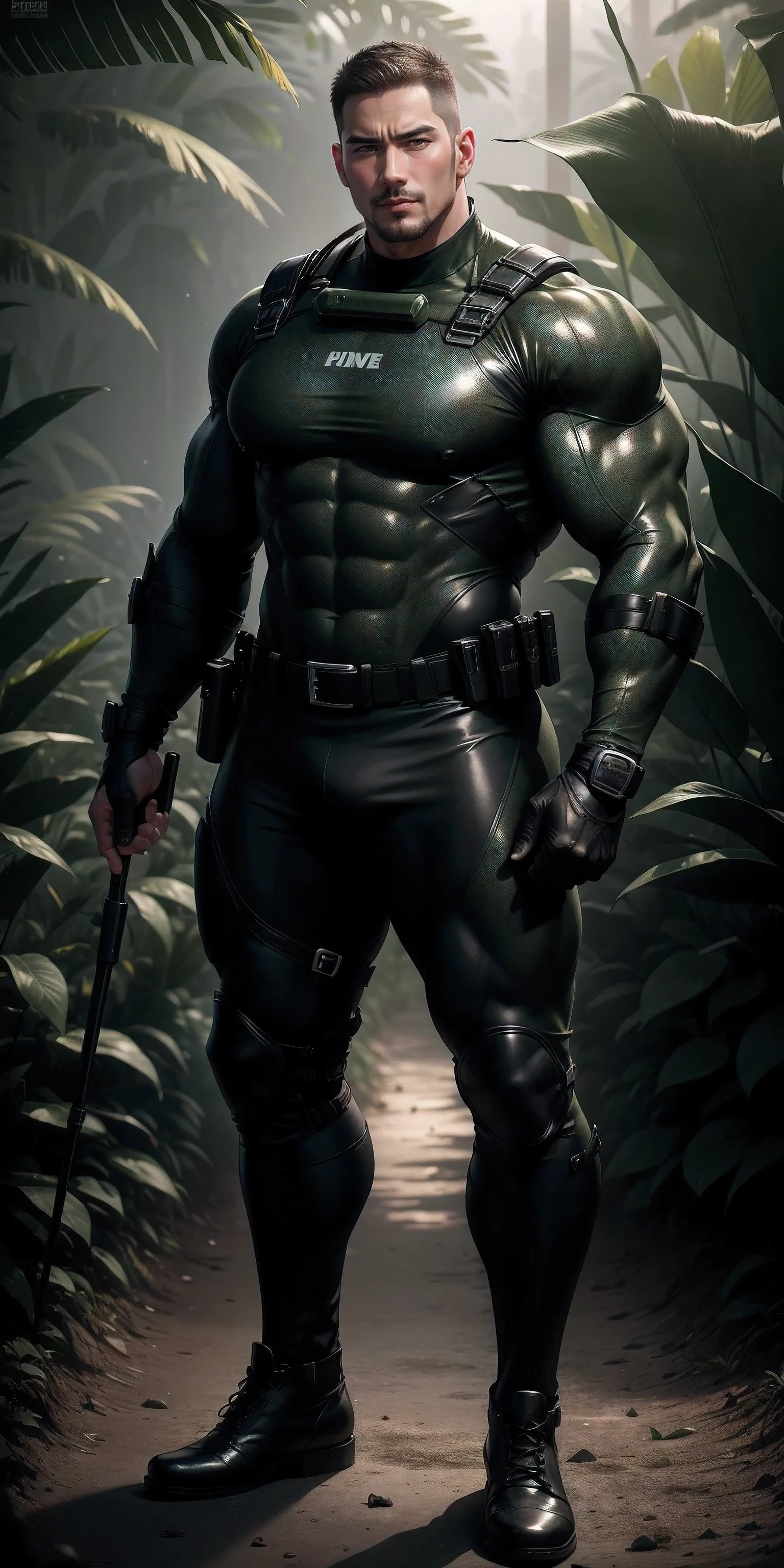 A tall, giant, muscular man with his mouth open and screaming.,Khaki camouflage uniform,character design(Resident Evil - Chris Redfield,Chris Redfield)Buzz Cut,Wearing a khaki camouflage wetsuit,Frosted grain texture,Regular symmetrical texture pattern,Standing in the gloomy cane jungle, The body is wrapped in thick rattan,expression sad,Deep and charming eyes,The male hero with emerald pupils,heroic masculine pose,Tall and burly,Muscular!Charming leg muscles,tall, Burly, and strong, Wearing a khaki camouflage wetsuit, Super gain and cool, commission for high resolution, Big feet in black boots,Charming strong man,Bright sunlight shines on the body,The texture of frosted particles is shiny