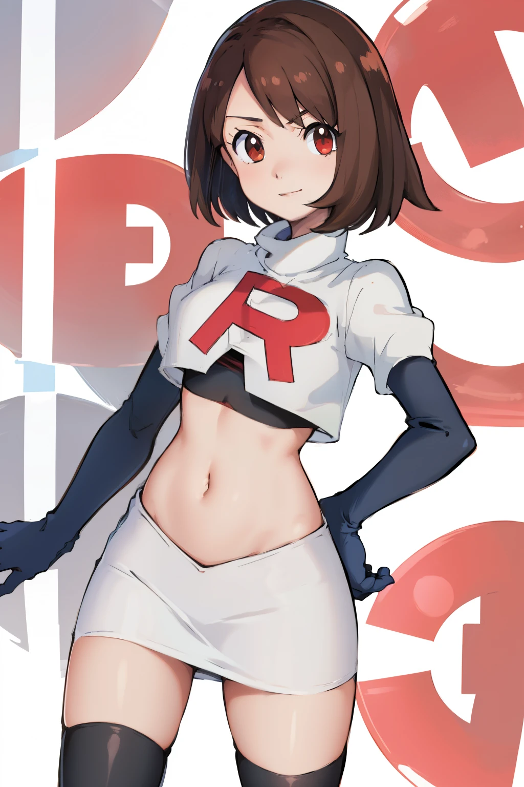 gloria \(pokemon\), cowboy shot, team rocket,team rocket uniform, red letter R, white skirt,white crop top,black thigh-highs,black elbow gloves