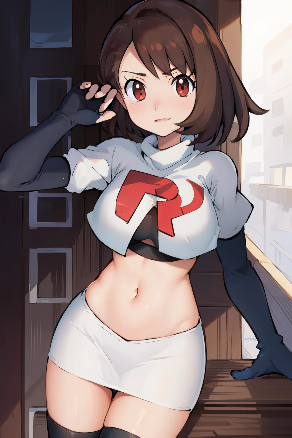 gloria \(pokemon\), cowboy shot, team rocket,team rocket uniform, red letter R, white skirt,white crop top,black thigh-highs,black elbow gloves