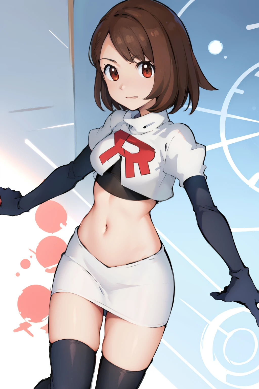 gloria \(pokemon\), cowboy shot, team rocket,team rocket uniform, red letter R, white skirt,white crop top,black thigh-highs,black elbow gloves