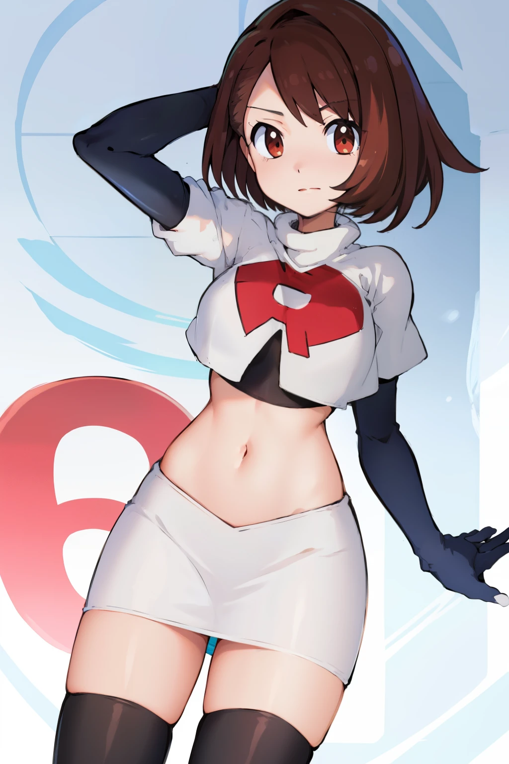 gloria \(pokemon\), cowboy shot, team rocket,team rocket uniform, red letter R, white skirt,white crop top,black thigh-highs,black elbow gloves