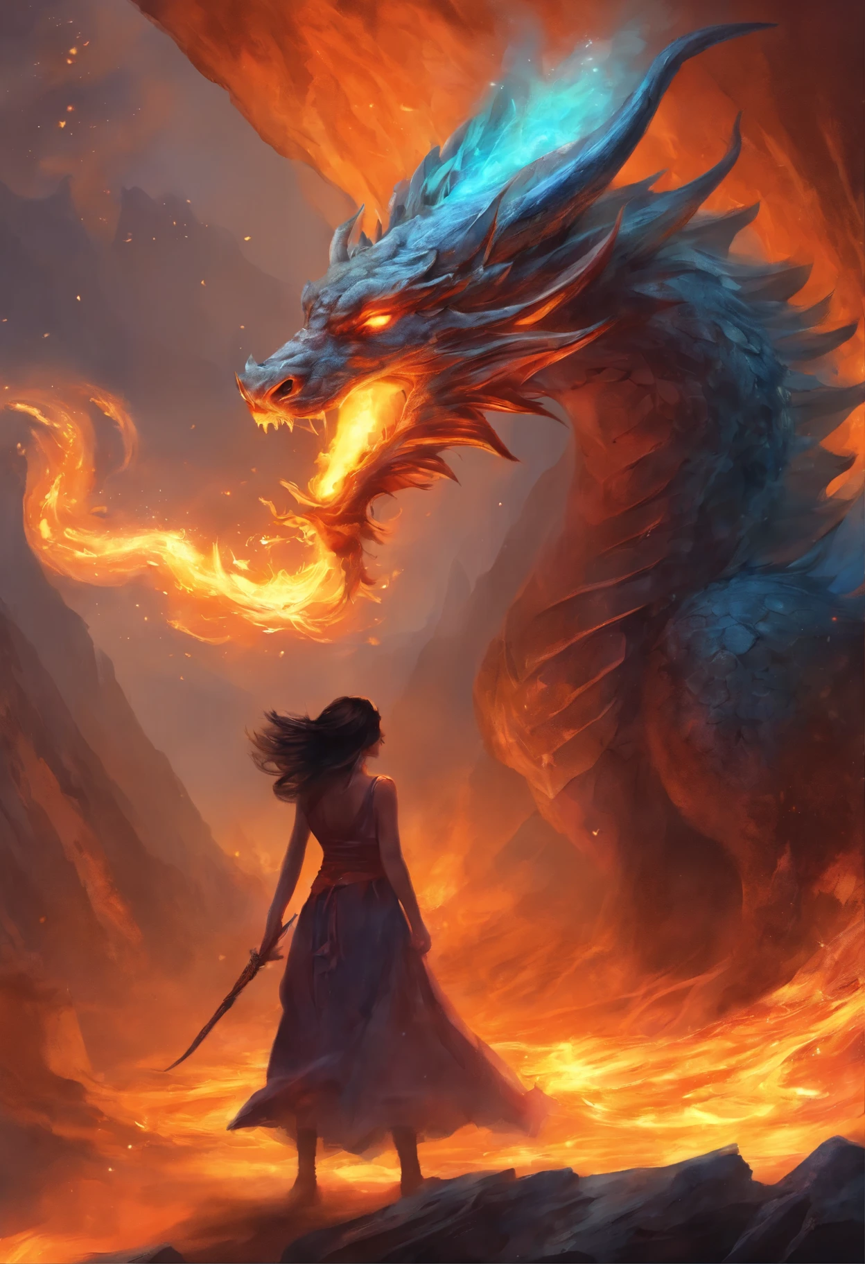 fire, cave, Fire Spirit, the Dragon, young woman