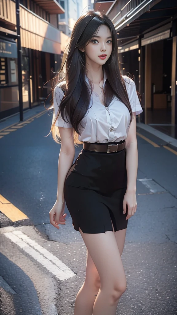 highest resolution, 8K, high definition, (((My hair is very long., My hair is very long., My hair is very long., Extra long, Knee-length hair))), Thai Students, Half Thai, half Japanese, half Korean., Height 173 centimeters, (((stand, walk))), Beautiful face, แต่งBeautiful face, Double eyelids, red lips, smile at the corner of the mouth, beautiful eyes, Beautiful Woman, The texture is realistic., Slim white short-sleeved shirt, collar shirt, Matte black short pencil skirt, Very short, Side incision, กระโปรงสีดำด้านพร้อมbeltผู้หญิง, tight, Huge breasts, Breast augmentation, เต้าBig tits, Big tits, Plump milk, Fluffy milk, Huge breasts, Symmetrical shape, sexy figure, Thin, slim, small waist, Long legs, Beautiful thighs, Pitch black high heels, earring, Put on a watch, belt, (((full body, Look at every part of the body.))), university backdrop, building, building, lawn, outdoor sports field