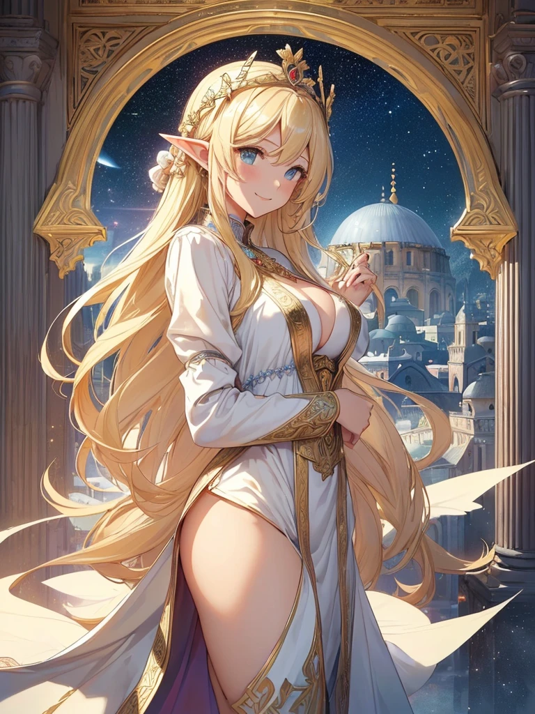 highest quality、Highest image quality、masterpiece、Super beautiful elf beauty with a beautiful back view((22 years old OL big bust、bust 90,beautiful long ironed hair、blonde、globe、、slender、Close-up、Esbian、beautiful tiara、High quality、beautiful art、background((starry ski)))muste piece、visual art、Depth of bounds written、low angle of morning sky、、elf ears、、magic of light、space knight、harp melody🎵、A happy smile、gentle light、、Beautiful legs that are gentle on the skin、、、Number of fingers to achieve precise finger movements、back view ticker beautiful decorative、elegant、mystical　rosa、　heaven、marble columns, beautiful dressy、beautiful dress、magnificent marble dome、giant galaxy、religious painting、temple of time、great watch、hourglass、sundial、moment of creation！myth、alphonse mucha art、art nouveau、ancient greece、Rome、byzantine art、gold foil、Raphael&#39;s paintings、renaissance art、Lord of the Ring、sexy、friendly smile、、many branches and leaves、Magnificent Temple、Hagia sophia、東Rome、magnificent city、palace