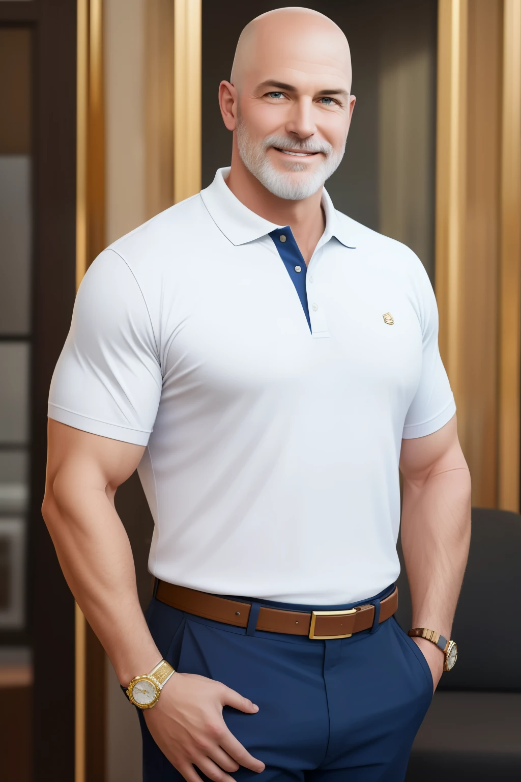 A captivating full-body portrait of a white man in his forties, his fair-skinned visage graced with a shaved head and bald pate, framing an oval face with round cheeks and a slightly graying beard. His genial expression gleams with a wide, charming smile revealing radiant teeth.Paginated outfitted in a crisp polo shirt and fitting sports pants, he accessorizes with a luxurious gold watch on his right arm.
An ultra-realistic image, meticulously captured using a Nikon D850 DSLR camera with a powerful 200mm lens and a low F 1.2 aperture. The detailed dep