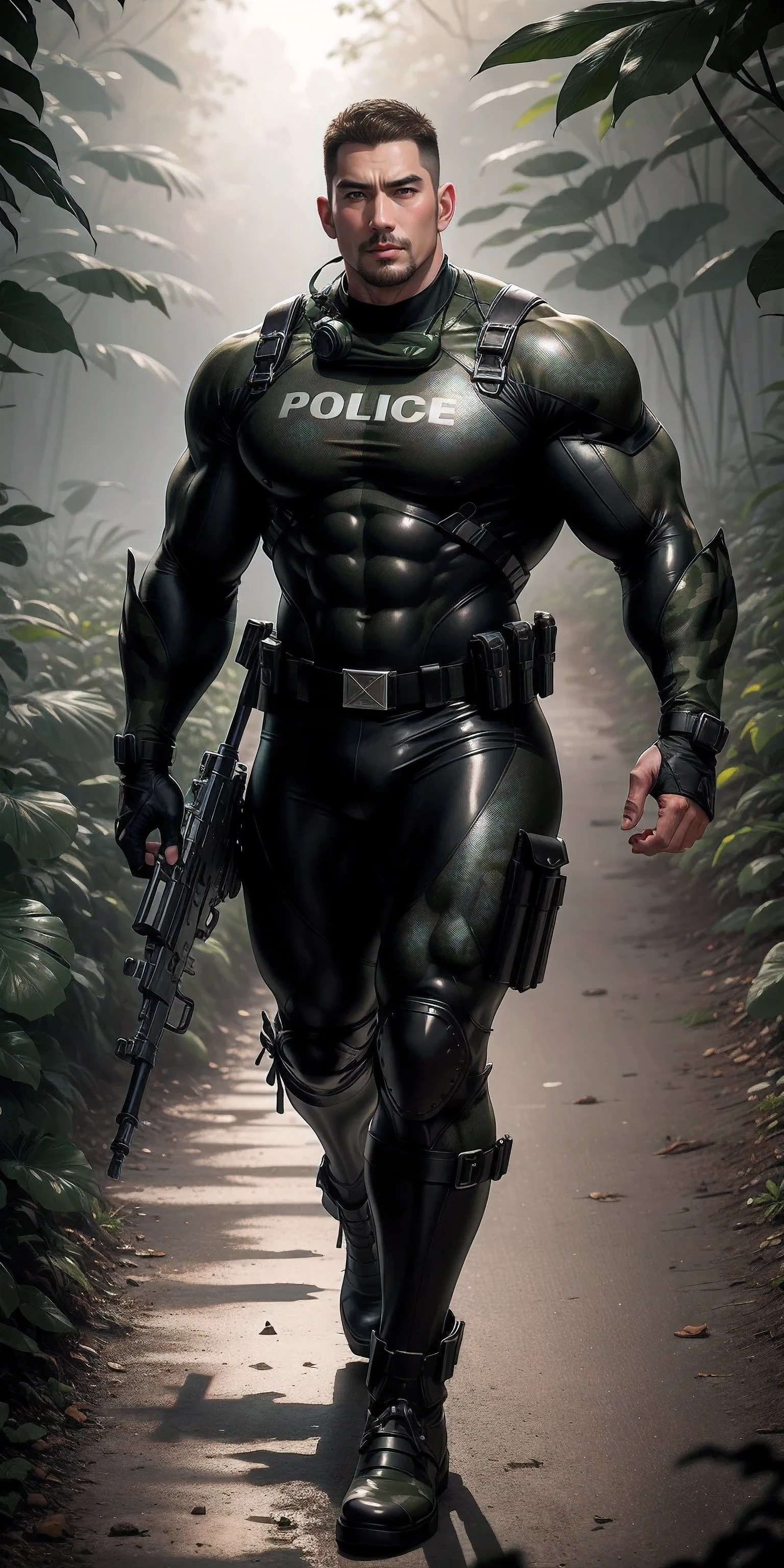 High, huge, muscular police officer with his mouth open and screaming..,Khaki camouflage uniform,character idea(Resident Evil - chris redfield,chris redfield)senior police officer,Wearing a khaki camouflage wetsuit,Matte texture,regular symmetrical texture pattern,Standing in the dark sugar cane jungle, The body is wrapped in thick rattan,sad expression,Deep and charming eyes,Emerald Pupil Hero,heroic male pose,高大burly,muscular!Charming leg muscles,High, burly, Heqiang, Wearing a khaki camouflage wetsuit, Super gain and cool, high resolution committee, Big feet in black boots,Charming strong man,The bright sunshine is shining on you,matte particles,shiny texture