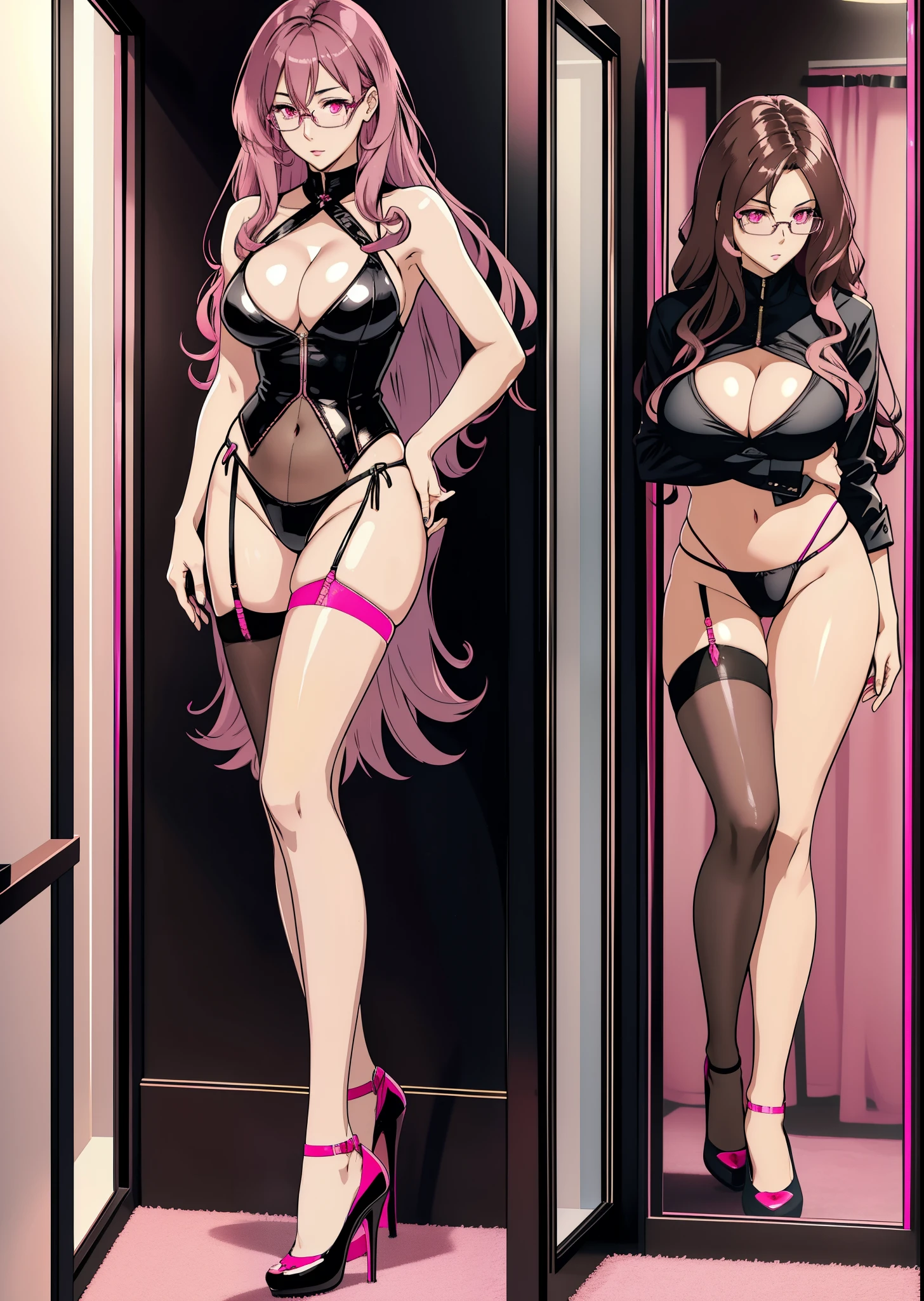 full body photo of a beautiful woman, glasses, (((pink eyes))), ((solo)), big breast, sexy, thong, underwear, very high black stockings, high heels, (((shy))), absurdly long light brown wavy hair, hair between eyes,