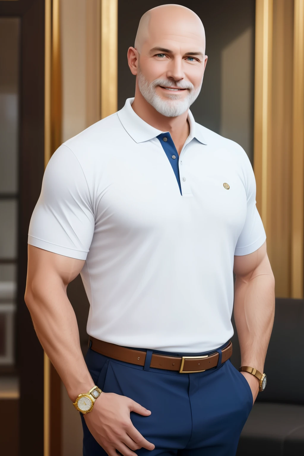 A captivating full-body portrait of a white man in his forties, his fair-skinned visage graced with a shaved head and bald pate, framing an oval face with round cheeks and a slightly graying beard. His genial expression gleams with a wide, charming smile revealing radiant teeth.Paginated outfitted in a crisp polo shirt and fitting sports pants, he accessorizes with a luxurious gold watch on his right arm.
An ultra-realistic image, meticulously captured using a Nikon D850 DSLR camera with a powerful 200mm lens and a low F 1.2 aperture. The detailed dep