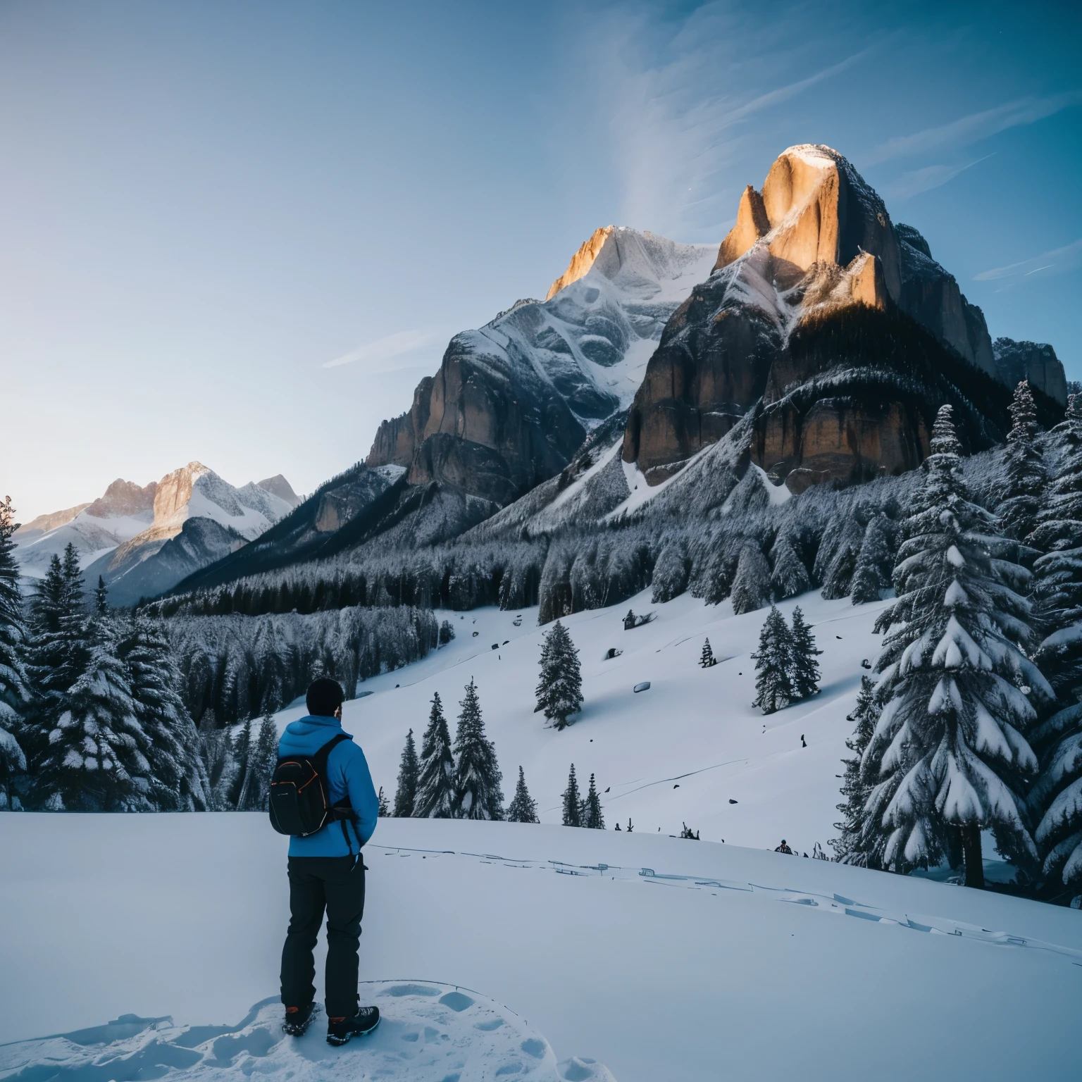 (best quality,4k,highres),silhouette of a man standing in a mountain, majestic scenery, dramatic lighting, vibrant colors, breathtaking view, rugged terrain, towering peaks, snow-capped mountains, clear blue sky,tall pine trees,majestic mountain range, serene atmosphere, peaceful solitude,natural beauty, magnificent landscape, impressive perspective,adventure, explorer's spirit, tranquility