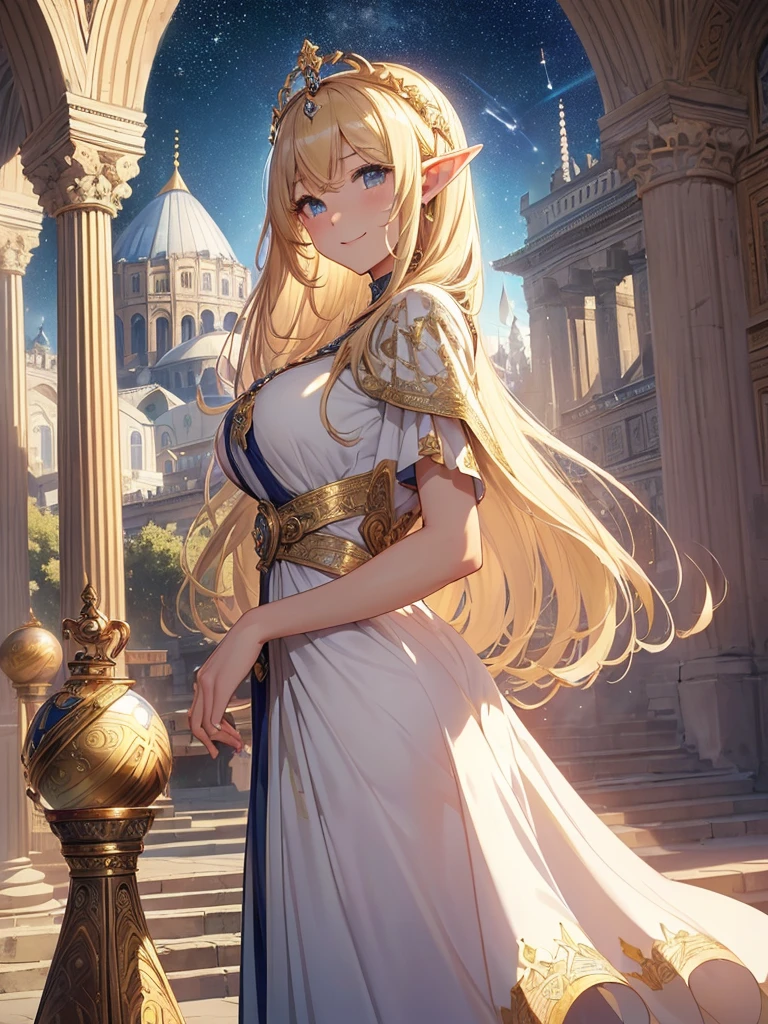 highest quality、Highest image quality、masterpiece、Super beautiful elf beauty with a beautiful back view((22 years old OL big bust、bust 90,beautiful long ironed hair、blonde、globe、、slender、Close-up、Esbian、beautiful tiara、High quality、beautiful art、background((starry ski)))muste piece、visual art、Depth of bounds written、low angle of morning sky、、elf ears、、magic of light、space knight、harp melody🎵、A happy smile、gentle light、、Beautiful legs that are gentle on the skin、、、Number of fingers to achieve precise finger movements、back view ticker beautiful decorative、elegant、mystical　rosa、　heaven、marble columns, beautiful dressy、beautiful dress、magnificent marble dome、giant galaxy、religious painting、temple of time、great watch、hourglass、sundial、moment of creation！myth、alphonse mucha art、art nouveau、ancient greece、Rome、byzantine art、gold foil、Raphael&#39;s paintings、renaissance art、Lord of the Ring、friendly smile、、many branches and leaves、Magnificent Temple、Hagia sophia、東Rome、magnificent city、palace