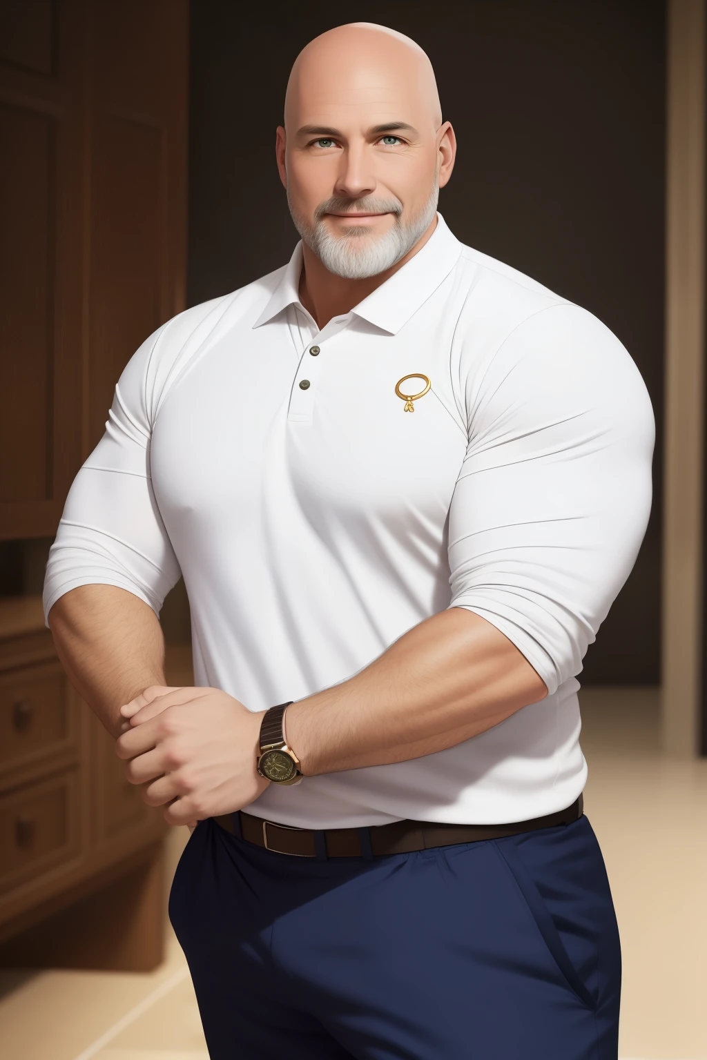A captivating and ultra-realistic full-body portrait of a white man in his 40s, boasting a fair-skinned complexion and a bald head shaved to perfection, framed by an oval-shaped head and round curves accented at the cheeks and nose. His slightly graying beard adds character to his features, while a gold watch adorns his right arm. Dressed in a snug polo shirt and sports pants, he exudes an aura of confidence. CompleTING THIS LOOK, white luxury sneakers hug his feet. His expression is radiant, revealing a big, wide smile that proudly shows off his pearly white teeth.
This portrait is expert