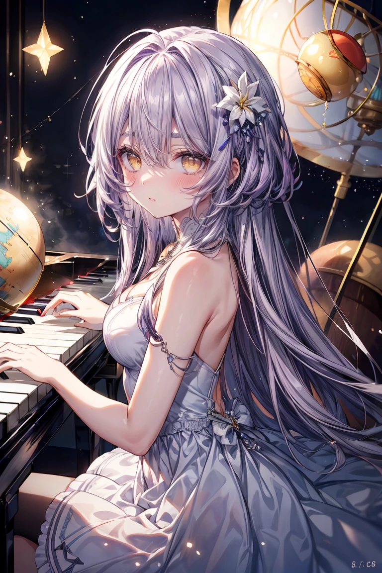 ((8K masterpiece,highest quality)), ultra high resolution, hyper detail, (1 girl), beautiful face, beautiful and delicate eyes, Big eyes,shining eyes of light,Thin and long eyelashes,((purple hair)),((yellow eyes)),(drooping eyelashes),(long hair),(straight hair),big breasts,thin waist,white dress,white pumps,silver hair ornament,Expressionless,(sleepy face),small blush,((affection)),(Troubled eyebrows),((White world)),(white world view),particles of light,(Fantastic worldview),((piano)),(The keyboard is in front of the girl),temple,(star),惑star,((globe)),particles of light,motion blur,Depth of bounds written,spectacular panoramic view,Angle from the side