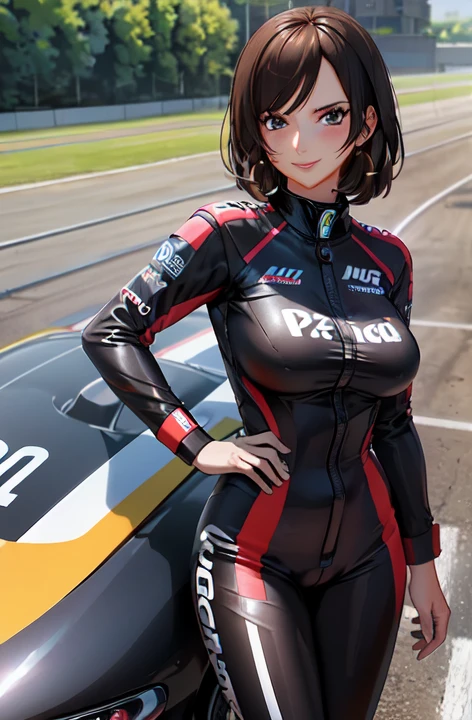 1 lady standing alone, /(Grid Girl/) /(Logo racing suit/) emulsion, adult, /(brown hair/) Bangs, Blushing kind smile, (Masterpiece best quality:1.2) Exquisite illustrations and super detailed, Big breastsBREAK /(Speedway sports car/), audience, Detailed background