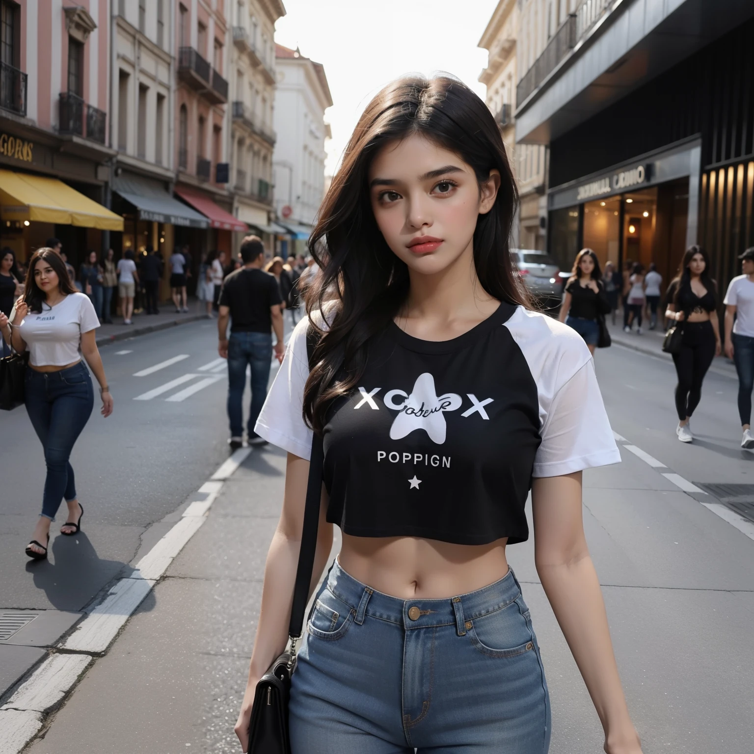 obra-prima, melhor qualidade, highres, 1girl, 19yo, adolescente, magro, (shy, envergonhada, blush), standing, cabelo loiro, cabelo comprido, colar, gargantilha, (crop_top t-shirt: 1.2), braless, mamilos cobertos, calcinha preta, pantyhose (peitos pontiagudos ), gap (gigantesco). (cintura estreita: 1,2), no centro comercial, centro comercial ocupado, muitos visitantes, surrounded by lots of people