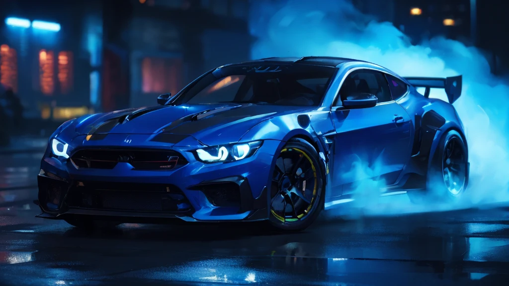 (black sports car, blue headlights, car racing), (cyberpunk, blue neon, blue smoke), (8k, extremaly detailed, lighting like a movie, lense flares)