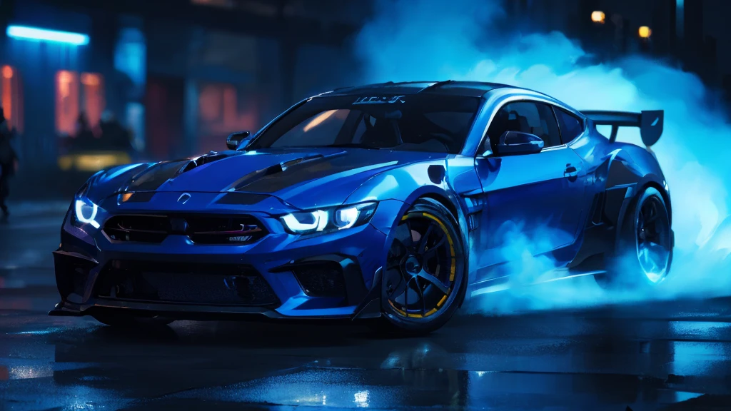 (black sports car, blue headlights, car racing), (cyberpunk, blue neon, blue smoke), (8k, extremaly detailed, lighting like a movie, lense flares)