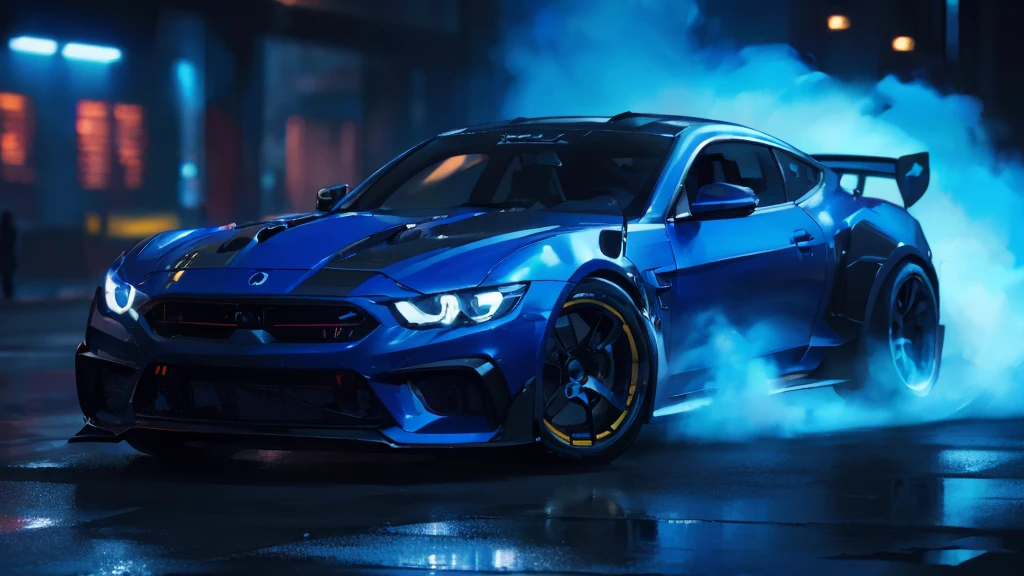 (black sports car, blue headlights, car racing), (cyberpunk, blue neon, blue smoke), (8k, extremaly detailed, lighting like a movie, lense flares)