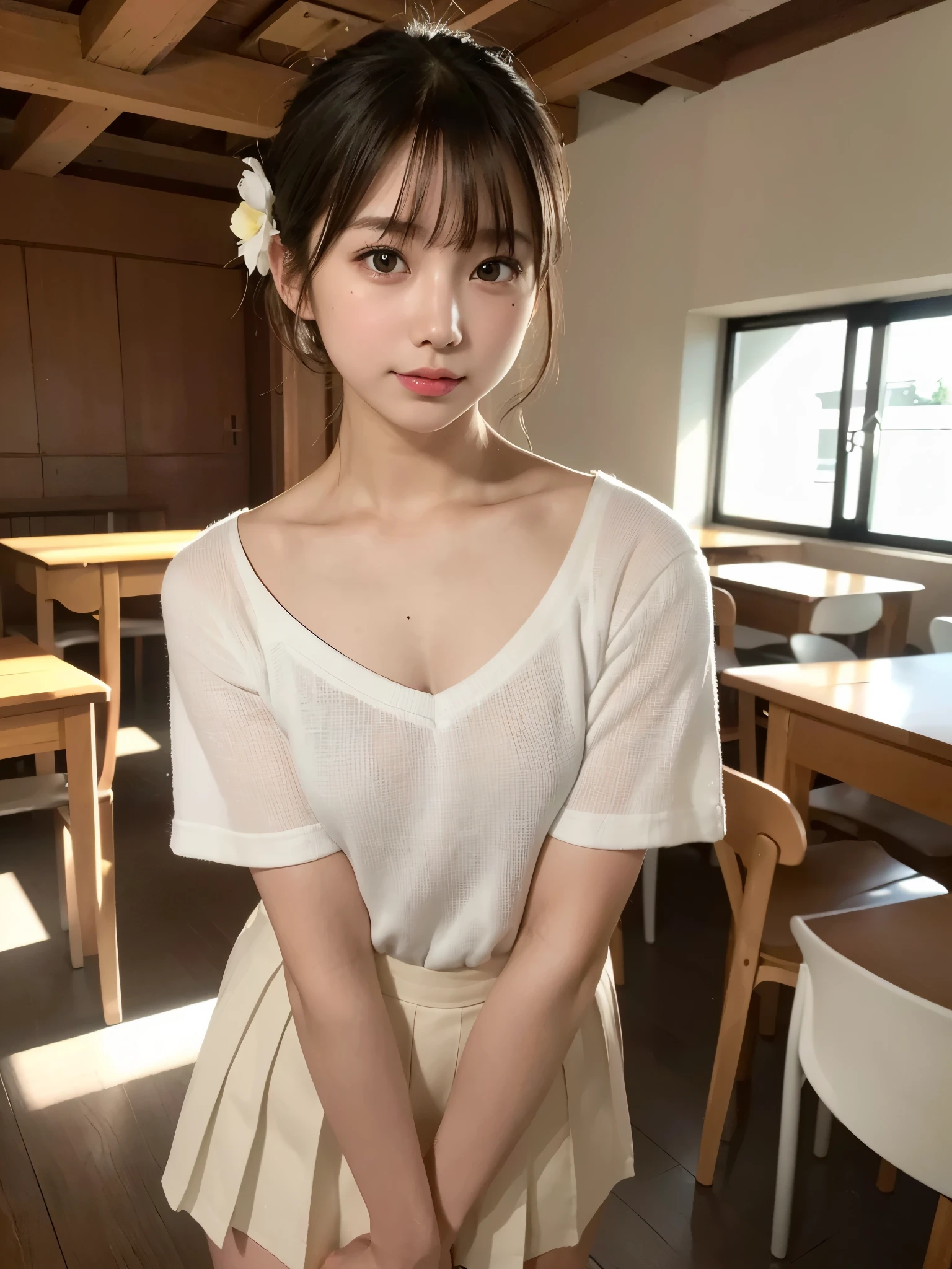 ((Best of the highest quality, 8k, Masterpiece: 1.3, raw photo)), Sharp focus: 1.2, (1 AESPA girl: 1.1), (Solo: 1.18), (realistic, photo-realistic:1.37), face focus, cute face, (Small breasts, flat chest, Thigh: 1.3), messy short hair, pony tail, (Girls' High School Uniforms:1, or naked), cafe, books, flower, cinematic lighting, hands up,