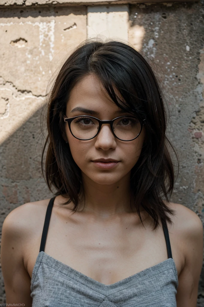 Cinematographer of a skinny nerdy lesbian caucasianlittle_caprice with glasses, cabello ?????, shorter straight hair, gafas redondas, Apoyado en la pared, en la ciudad, top verde y minifalda a cuadros, En verano, piel sudorosa, damp skin, Disfrutando, girlish, hot girlish, (((senos medianos))), gaze at the camera, face symmetrical, fotorrealista, Cinematographer, Spectacular lighting, splendid, escote, occidental, (Masterpice), La mejor calidad, High resolution, Piel extremadamente detallada, fondo borroso, Profundidad de campo, cinematic lighting, Recorded with professional DSLR camera