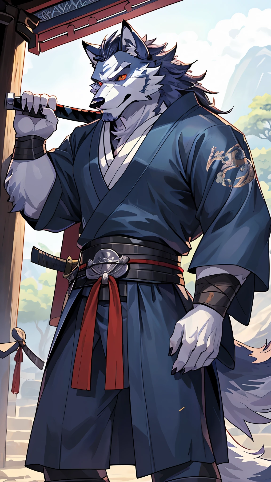 (La mejor calidad,A high resolution,Ultra - detallado,actual),peludo,lobo de piel blanco,(Detalle de ojos realista),tener musculos,(Detalles musculares perfectos),perfect anatomy,Cara guapa y seductora.,(Use uniforme de samurai kimono white:1.4), templo chino antiguo,Manchas de sudor por todo el cuerpo.,HDR,8k, (pose medio cuerpo), (pelos de zorro blanco:1.4), ,More detailed 8K.motor irreal:1.4,UHD,La mejor calidad:1.4, fotorrealista:1.4, textura de la piel:1.4, obra maestra:1.8,obra-prima, mejor calidad,objeto Objeto], (detailed face features:1.3),(Las proporciones correctas),(convexo Dedos detallados),(Ojos hermosos azules), (pose vaquero), (ropa de samurai ninja white:1.4),(zorro lobo white:1.4) ,(fondo templo Tailandia antiguo:1.4) ,(textura de pelo de lobo white realistic:1.4), (Traje de combate samurai white:1.4),  dientes blanco lobo, 