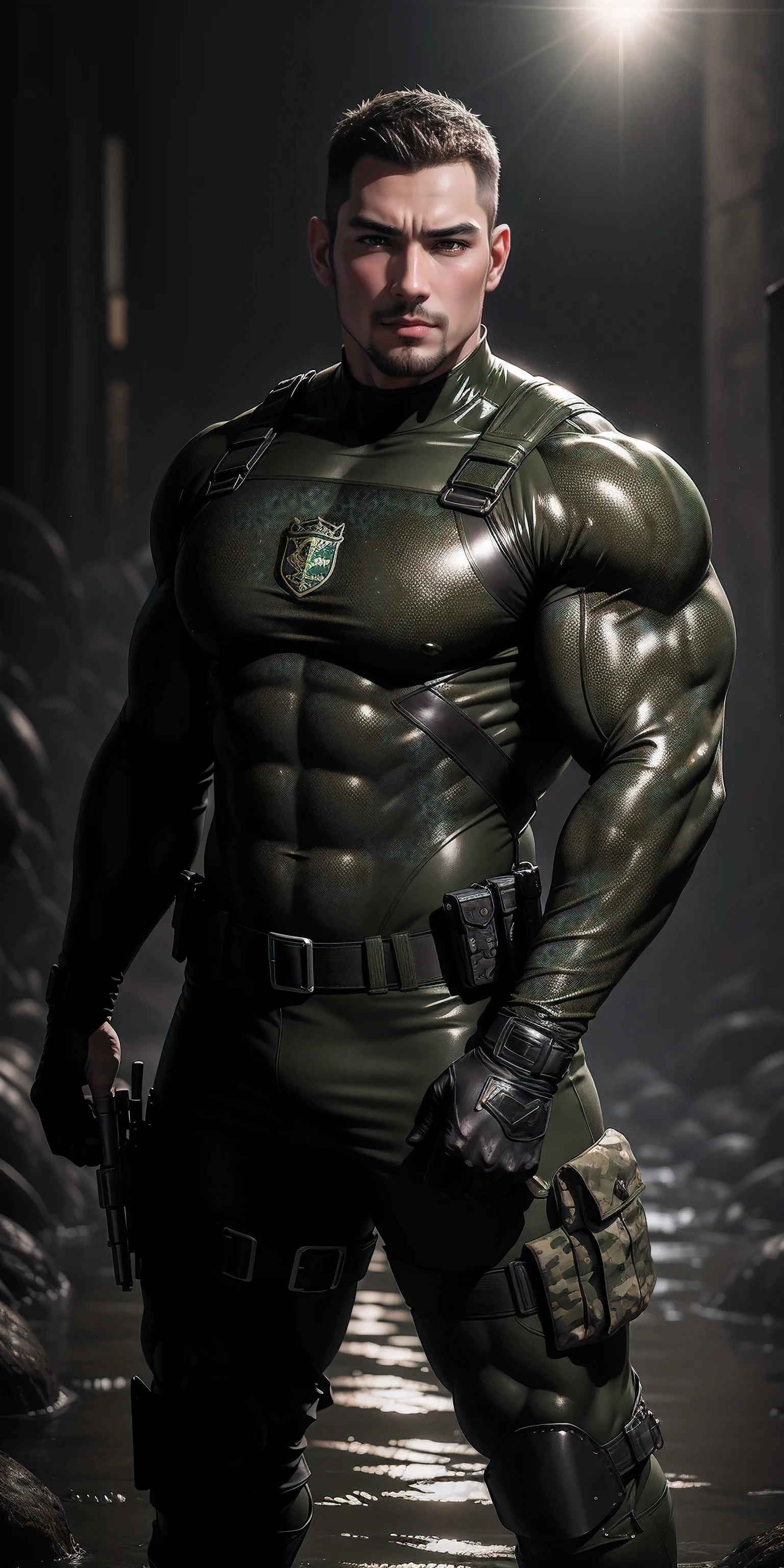 High, huge, muscular police officer with his mouth open and screaming..,Khaki camouflage uniform,character idea(Resident Evil - chris redfield,chris redfield)senior police officer,Wearing a khaki camouflage wetsuit,Matte texture,regular symmetrical texture pattern,Standing in the dark sugar cane jungle, The body is wrapped in thick rattan,sad expression,Deep and charming eyes,Emerald Pupil Hero,heroic male pose,高大burly,muscular!Charming leg muscles,High, burly, Heqiang, Wearing a khaki camouflage wetsuit, Super gain and cool, high resolution committee, Big feet in black boots,Charming strong man,The bright sunshine is shining on you,matte particles,shiny texture