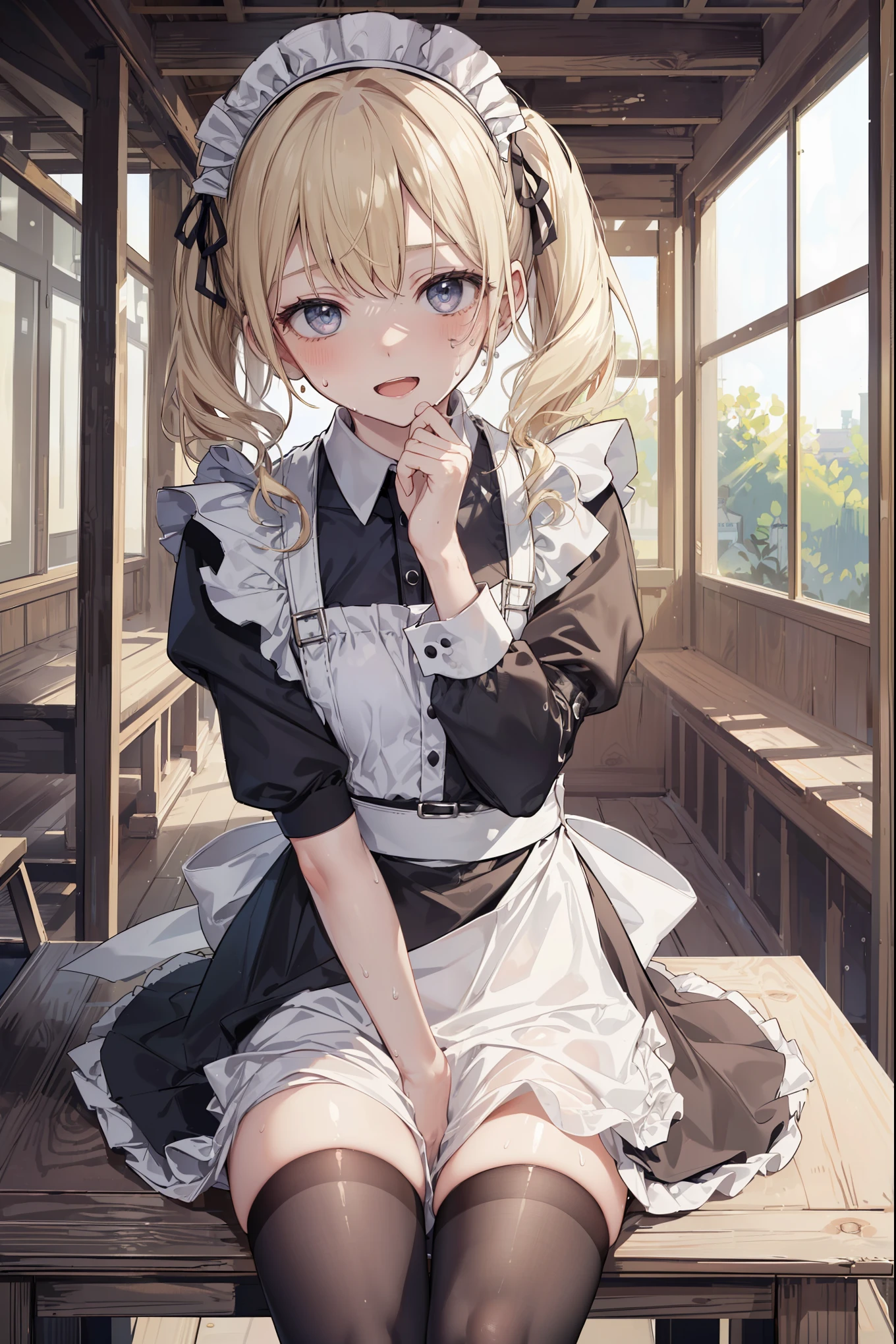 top-quality、supreme1People Girls,hightquality,A detailed face、A detailed eye、Detailed nose、Detailed mouth、 Beautiful expression, ((masuter piece)), ((High resolution)), ((Best Quality)), detail, (cum faced、Excited face.Very happy,), ((Skin shiny with sweat)), (maid clothes:1.6、garterbelts:1.3、stockings:1.4)、 girl with, a blond, (Half Twin Tail)、sit down and open legs:1.3、fair white skin:1.3、、Smaller chest, cinmatic lighting, perfectly shaded,(((Western Pavilion))), Realistic lighting with shades,Reflecting the whole body