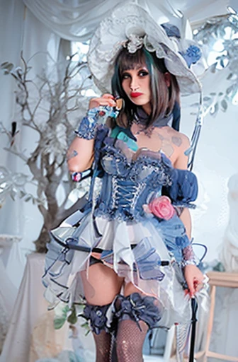 One of European appearance (russo), with big length blue hair, like a fairy, using a black vinil top with big and a skirt pink, harness pink and fishnet stocking