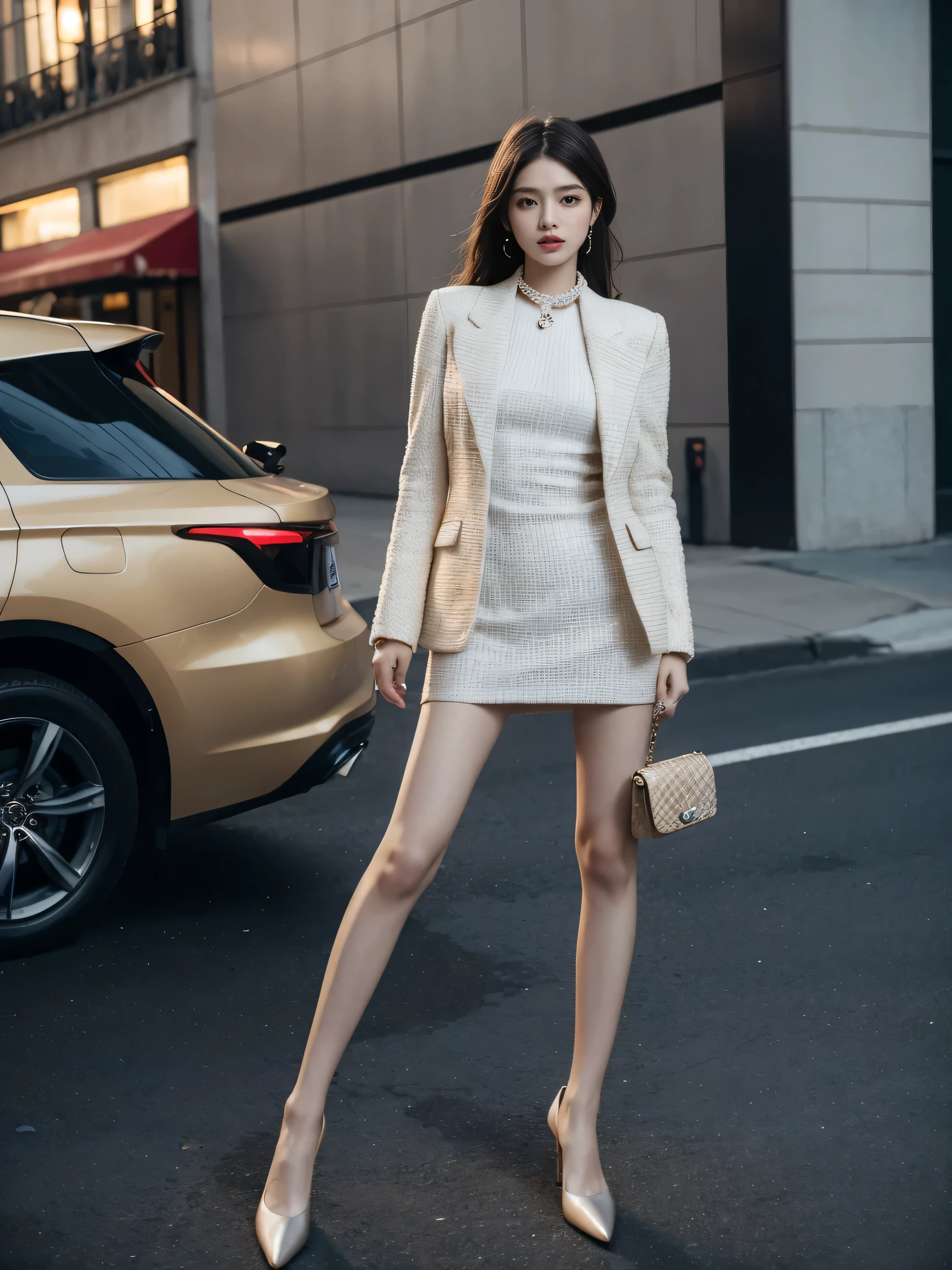 best quality,masterpiece,ultra high resolution,(actual:1.4),original photo,ultra high definition,8K,there is a girl,Chanel style dress,suit,Fashion,Winter,Confident and beautiful,Gentle temperament,whole body,street,long legs