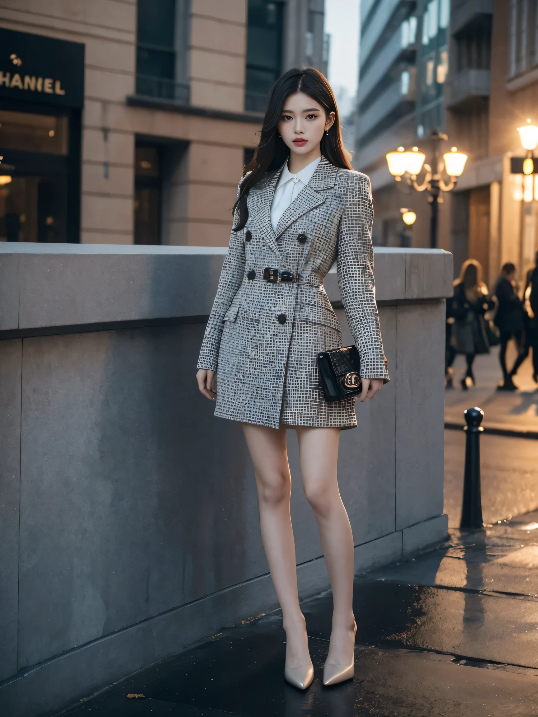 best quality,masterpiece,ultra high resolution,(actual:1.4),original photo,ultra high definition，8K，there is a girl，Chanel style dress，suit，Fashion，Winter，Confident and beautiful，Gentle temperament，whole body，street，long legs
