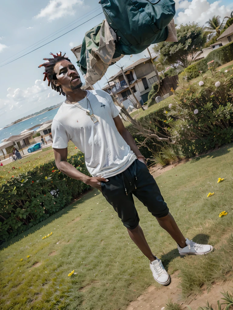 8k,3d, hyper realistic, realism, black African man, dreadlock, shirt, jean, sneakers, ocean background.