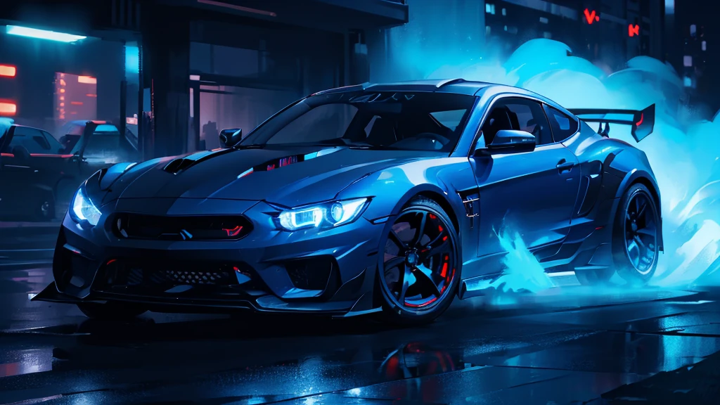 (black sports car, blue headlights, car racing), (cyberpunk, blue neon, blue smoke), (8k, extremaly detailed, lighting like a movie, lense flares)