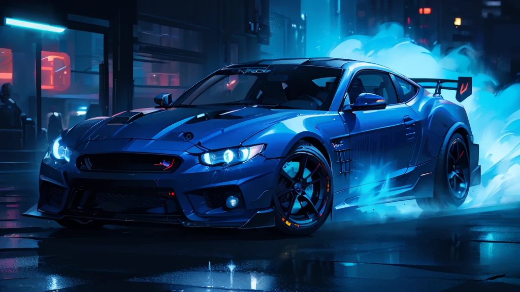 (black sports car, blue headlights, car racing), (cyberpunk, blue neon, blue smoke), (8k, extremaly detailed, lighting like a movie, lense flares)