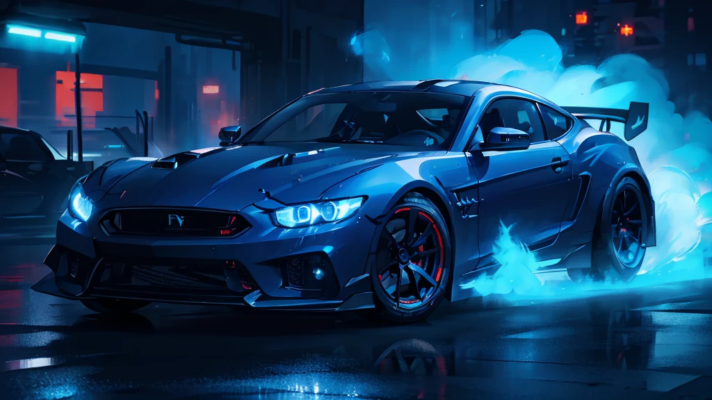 (black sports car, blue headlights, car racing), (cyberpunk, blue neon, blue smoke), (8k, extremaly detailed, lighting like a movie, lense flares)