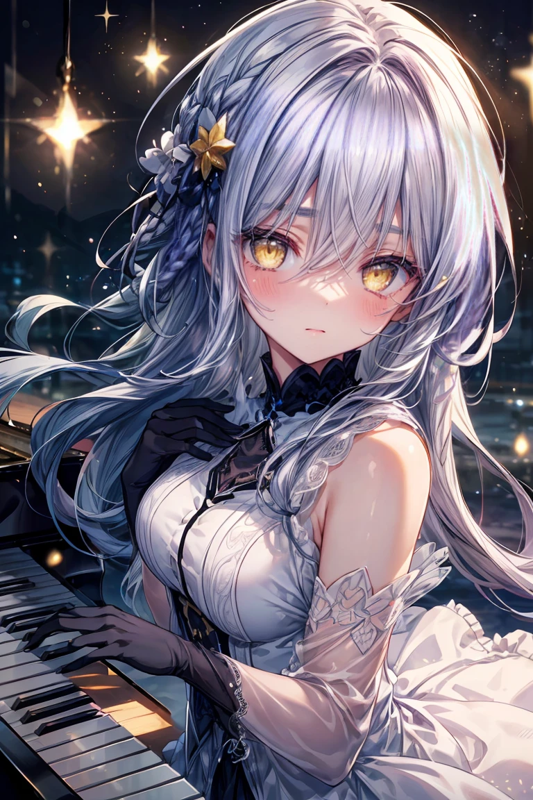 ((8K masterpiece,highest quality)), ultra high resolution, hyper detail, (1 girl), beautiful face, beautiful and delicate eyes, Big eyes,shining eyes of light,Thin and long eyelashes,((purple hair)),((yellow eyes)),(Drooping eyelashes),(long hair),(straight hair),big breasts,thin waist,white dress,White pumps,silver hair ornament,Expressionless,(sleepy face),small blush,((fondling)),(troubled eyebrows),((White world)),(White world観),particles of light,(Fantastic worldview),((piano)),(the keyboard is in front of the girl),temple,(star),惑star,((glove)),particles of light,motion blur,written boundary depth,spectacular panoramic view,angle from the side