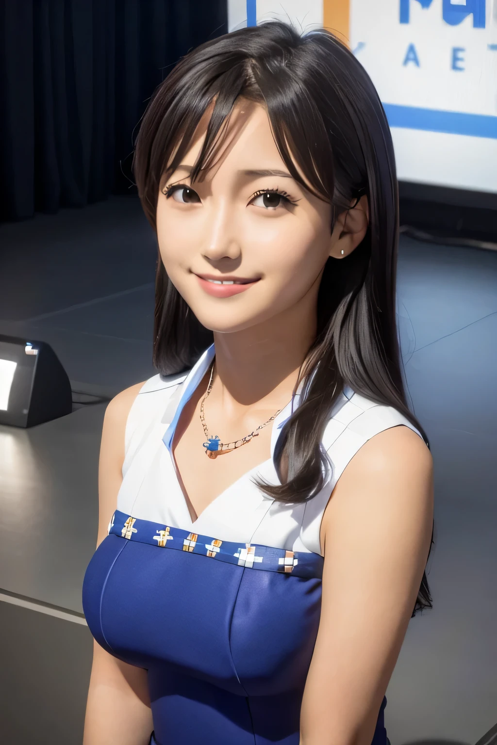 (((pixel perfect, Perfection in every detail))), alone, 1 girl, Chihaya Kisaragi, stage, Idol, bare shoulders, necklace, looking at the viewer, :d, smile
