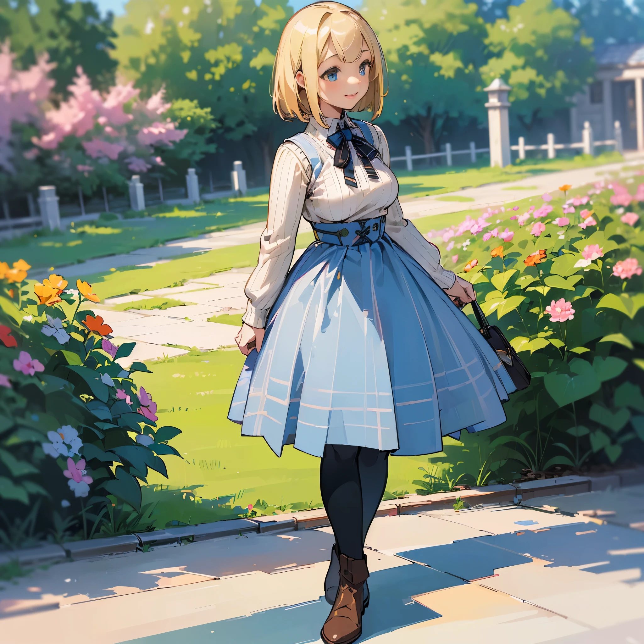 (high quality, high resolution, Super detailed, Reality:1.37), peaceful atmosphere, (outdoor, garden), Teenage girl standing alone, (My breasts are big.), Beautiful detailed features, cute smile, (blonde bob hair), ribbed sweater, blue plaid skirt, Black tights, brown boots.