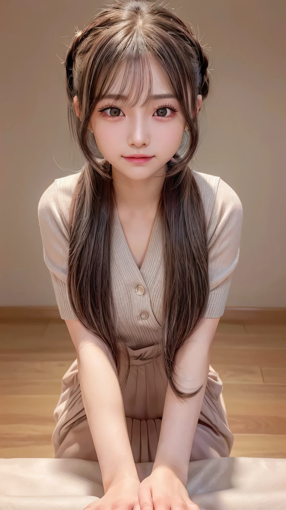 blush,,long hair ponytail,Gray loungewear,warm clothes((8K, Raw photo, best quality, muste piece:1.2), (Reality, photorealistic:1.4), (Highly detailed 8K wallpaper), Depth of bounds written, cinematic lighting, soft light, detailed beauty eye,Shiny and smooth light brown ponytail, asymmetrical bangs, shiny skin, super detailed skin ,high resolution, high detail, detailed hairstyle, detailed beauty face, hyper real, perfect limbs, perfect anatomy ,1 Japanese girl,famous japanese idol, perfect female body,shy smile,short eyelashes,double-edged eyelids,look straight here,Hair style is ponytail,relaxing in a western-style room
